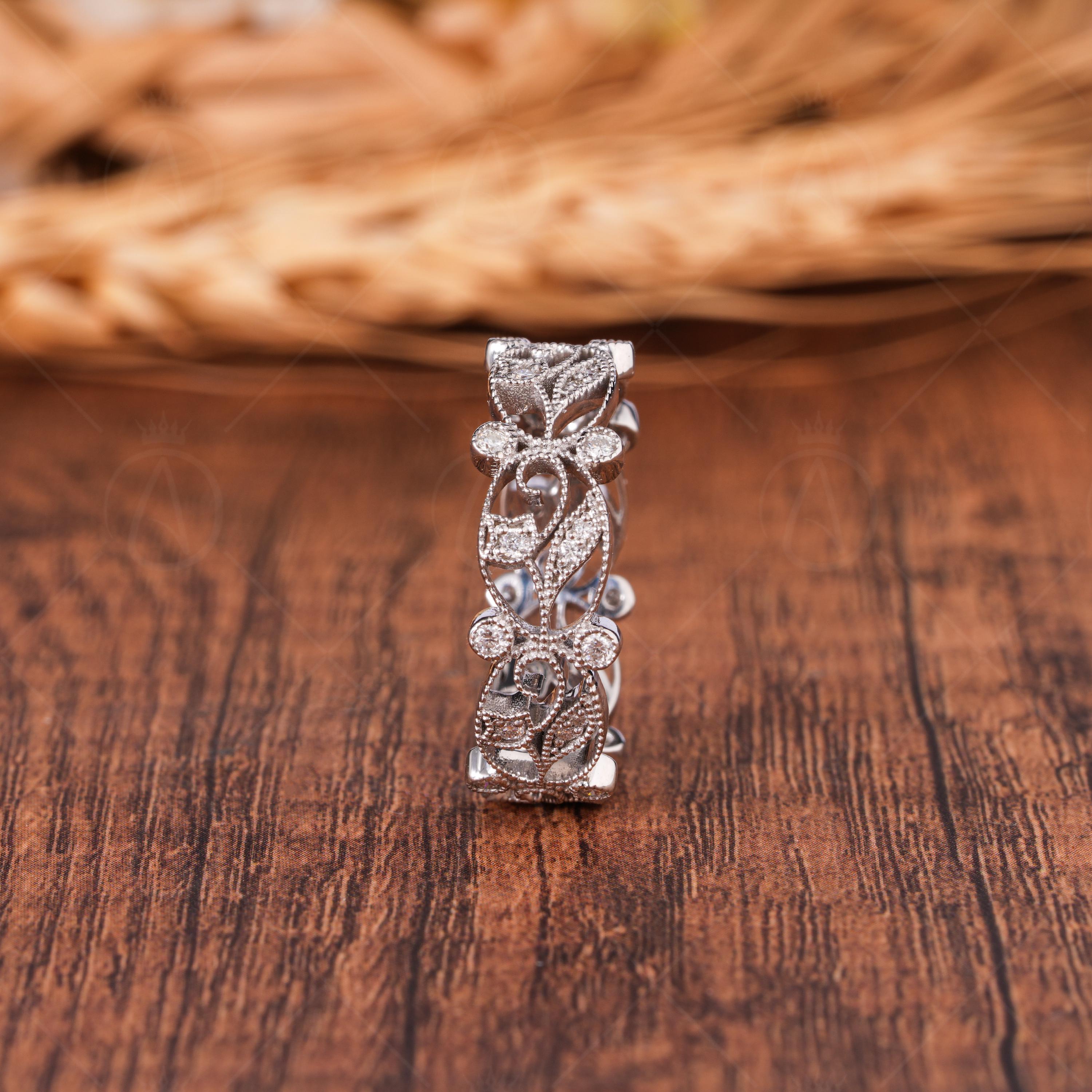 Vintage Floral Full Eternity Band Ring, Moissanite Wedding Band, Filigree Ring, Art Deco Band