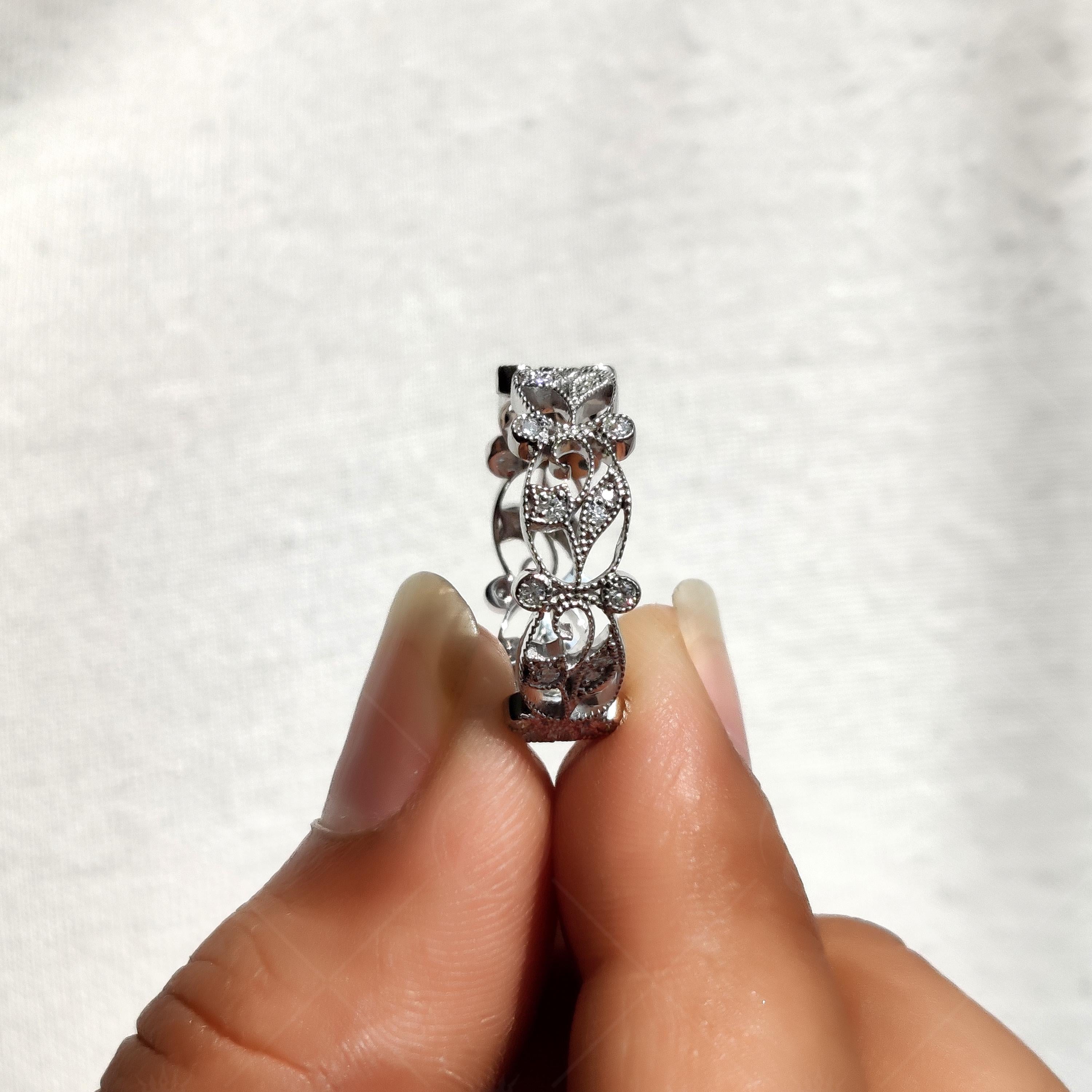 Vintage Floral Full Eternity Band Ring, Moissanite Wedding Band, Filigree Ring, Art Deco Band