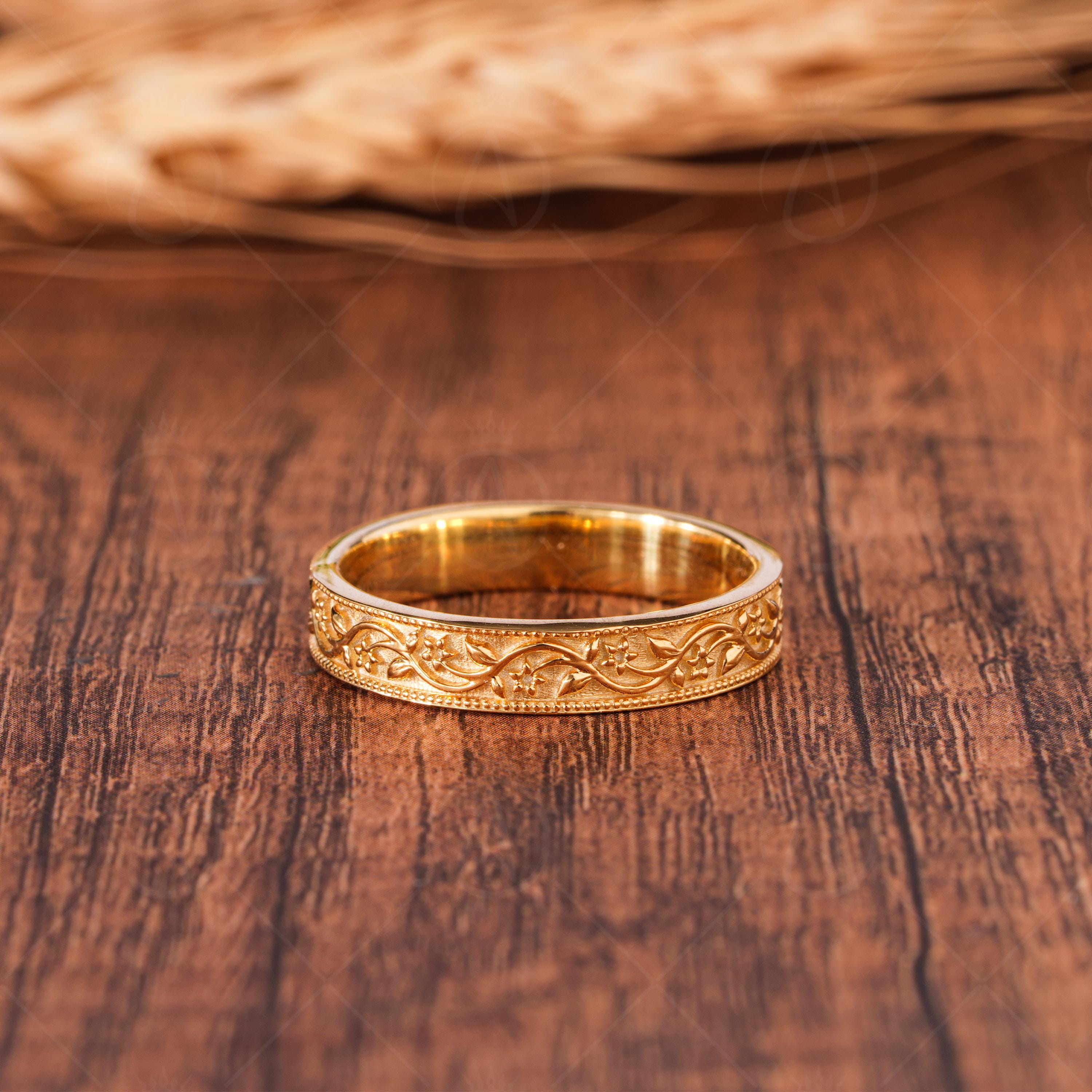Vintage Floral Engraved Wedding Band, Nature Inspired Leaf Vine Ring, Minimalist Gold Ring For Women