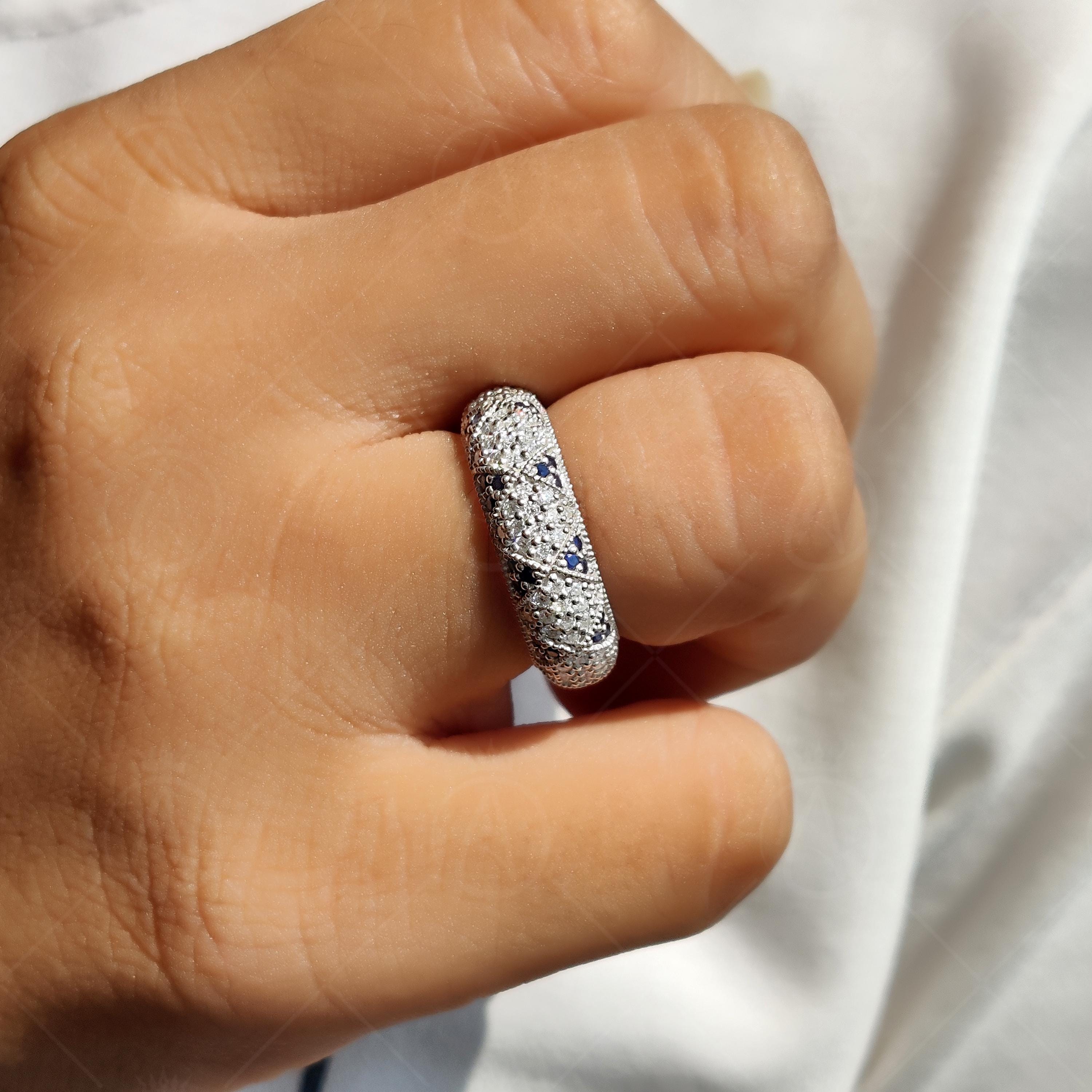 Moissanite Estate Wedding Bands Women, Natural Sapphire Dome Statement Ring, Art Deco Vintage Milgrain Band, Unique Full Eternity Band