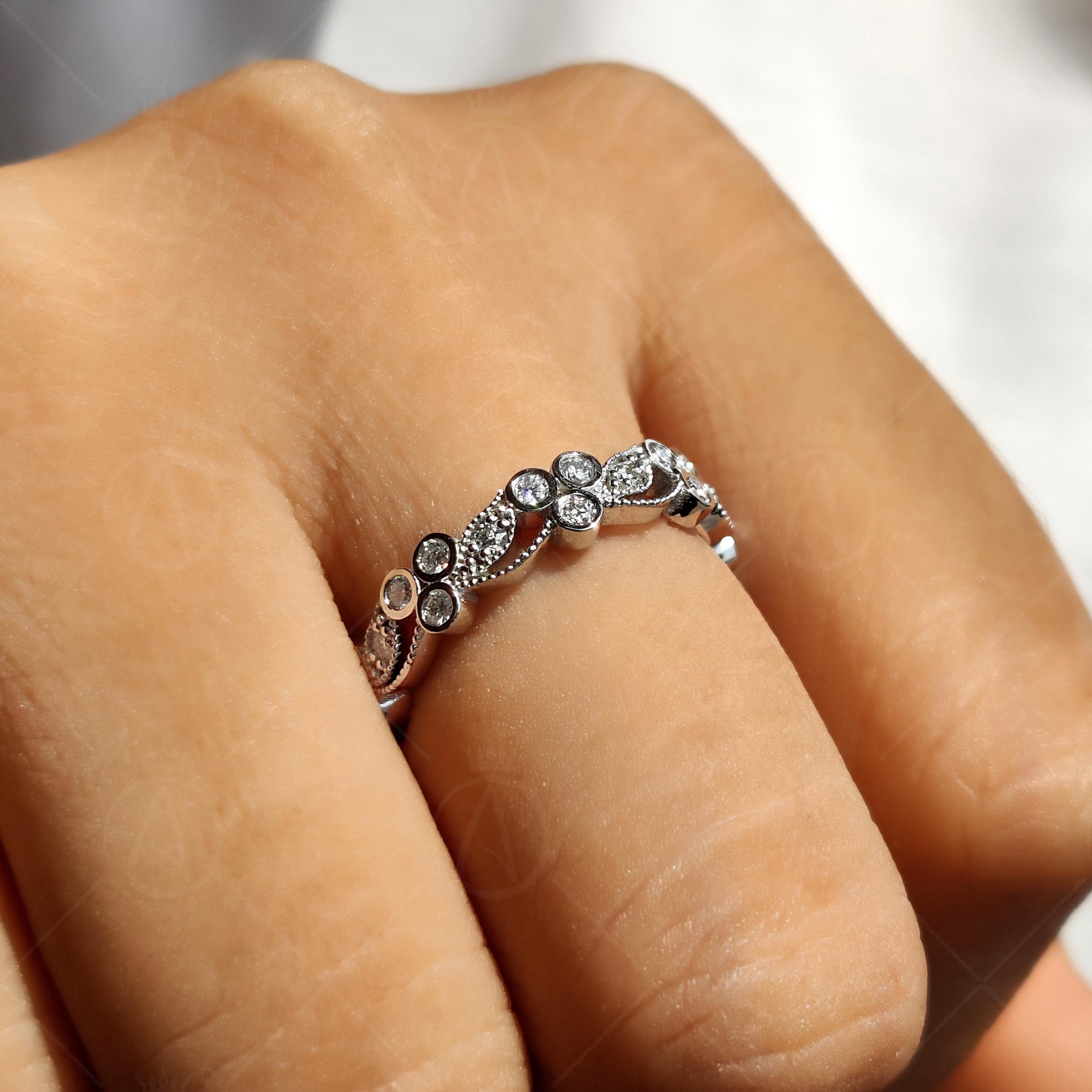 Art Deco Floral Vine Moissanite Wedding Band, Round Cut Milgrain Vintage Band, Nature Inspired Full Eternity Band