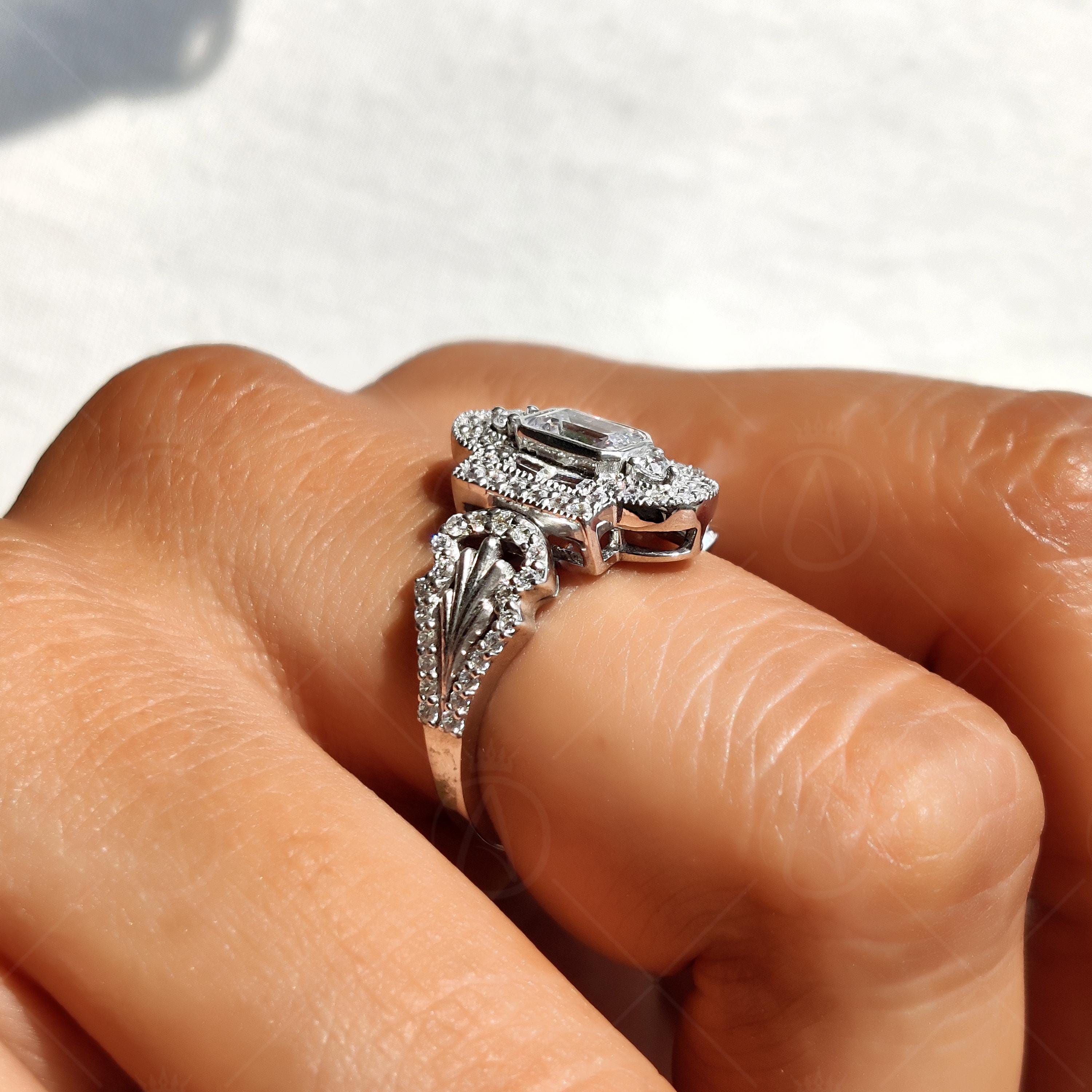 Unique Emerald Cut Vintage Milgrain Engagement Ring