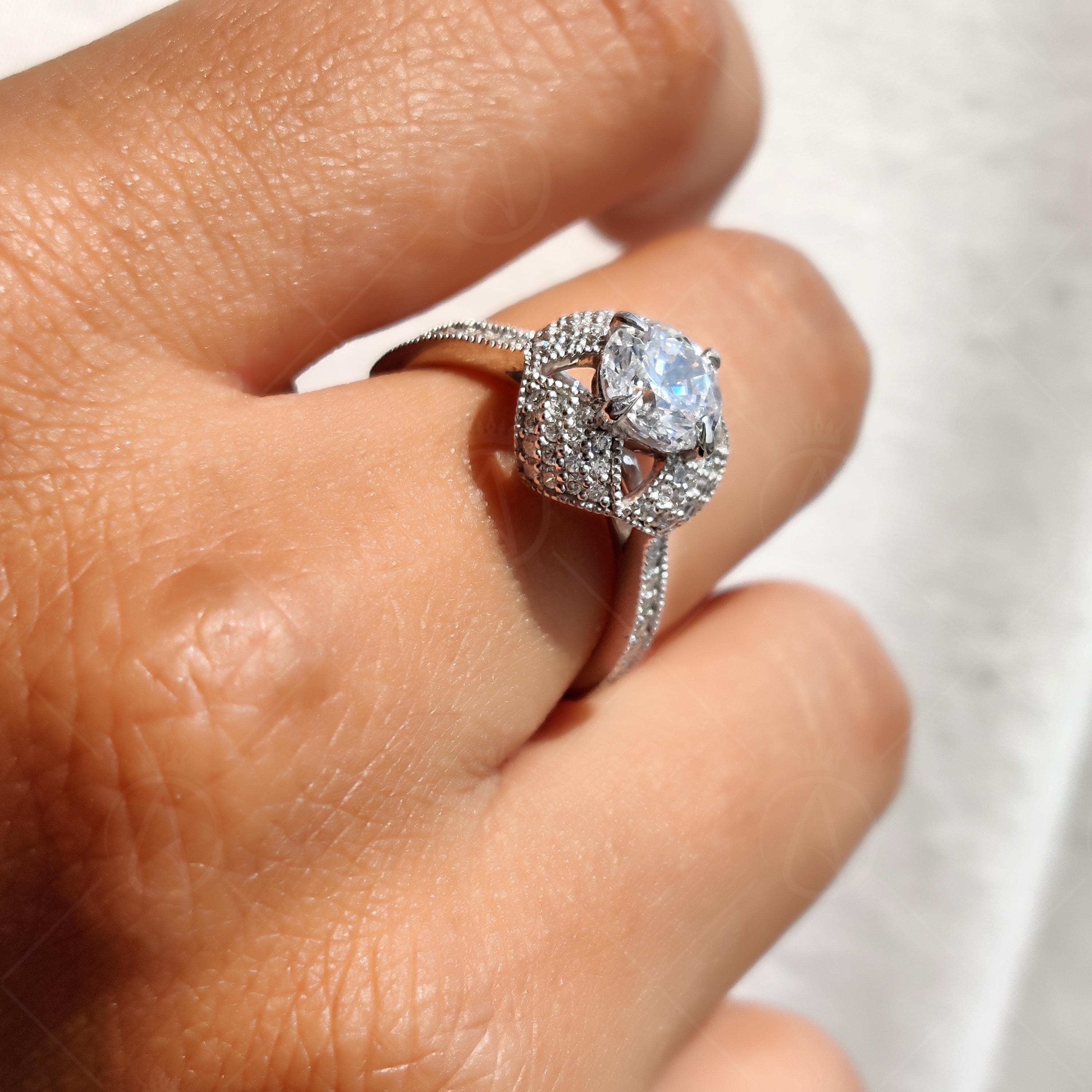 Art Deco Milgrain Unique Moissanite Engagement Ring