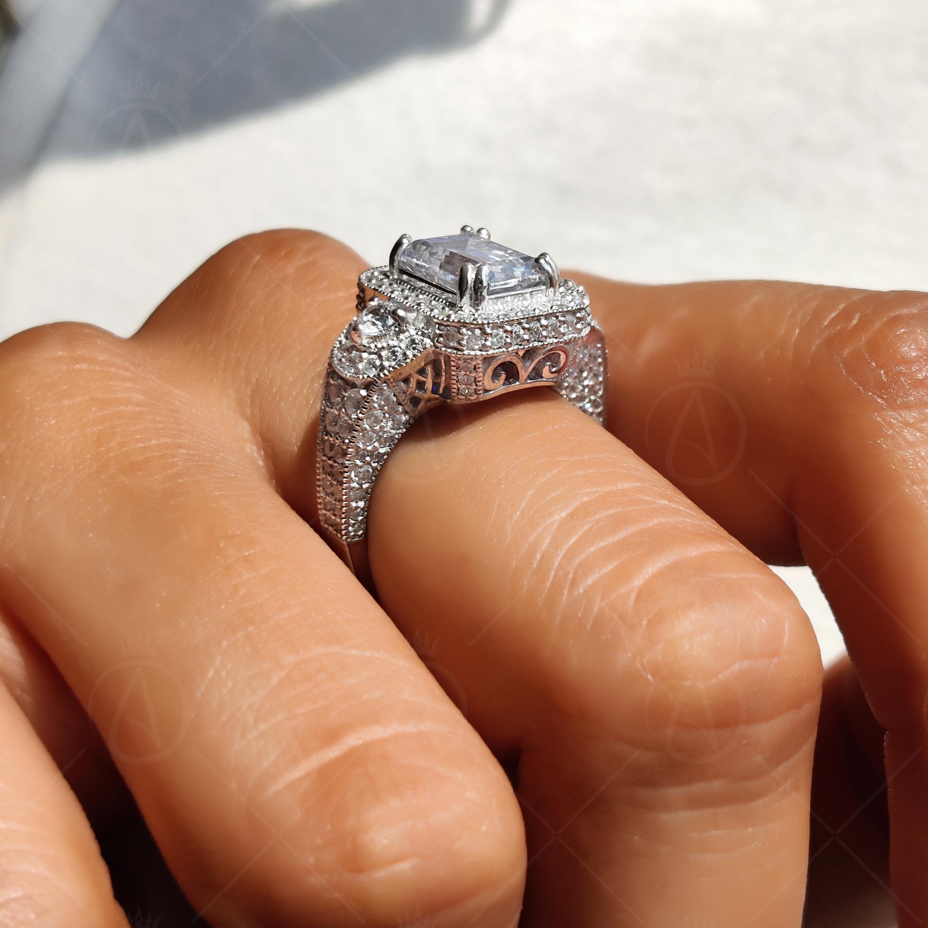 Emerald Cut Art Deco Milgrain Halo Engagement Ring