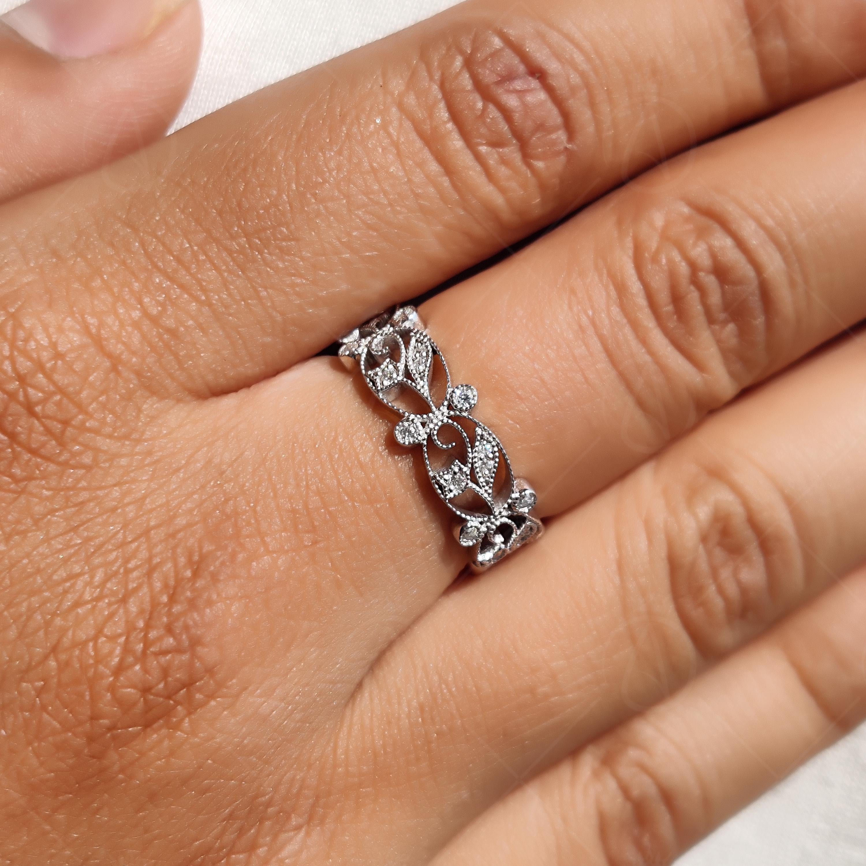 Vintage Floral Full Eternity Band Ring, Moissanite Wedding Band, Filigree Ring, Art Deco Band