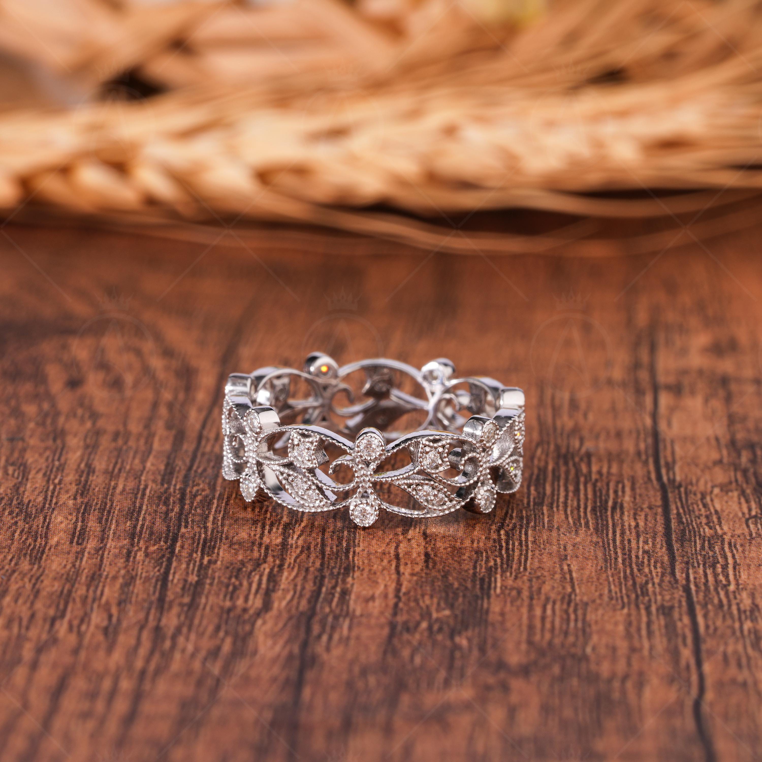 Vintage Floral Full Eternity Band Ring, Moissanite Wedding Band, Filigree Ring, Art Deco Band