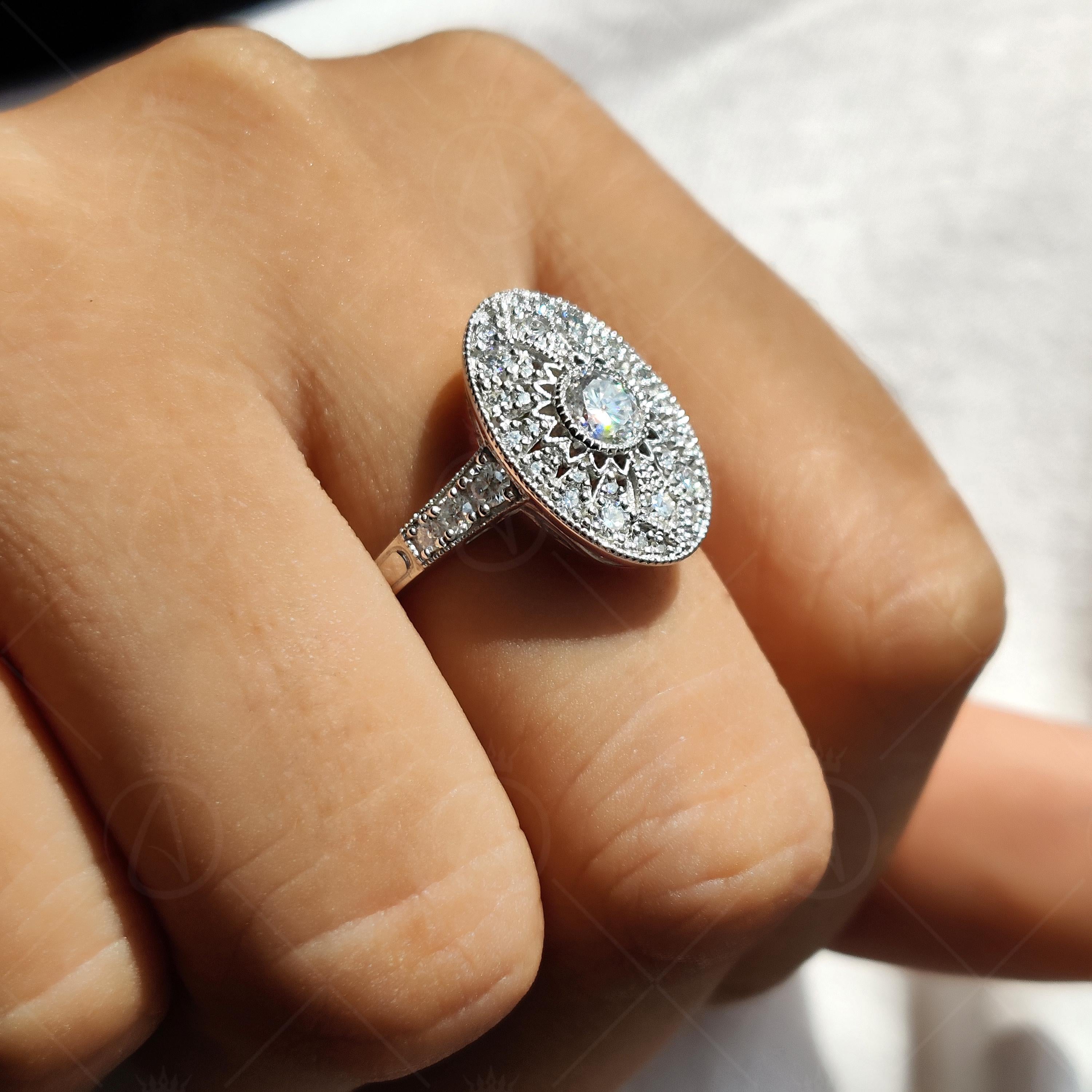 Openwork Art Deco Vintage Style Engagement Ring Long Oval Shaped Vintage Milgrain Ring Moissanite Promise Ring