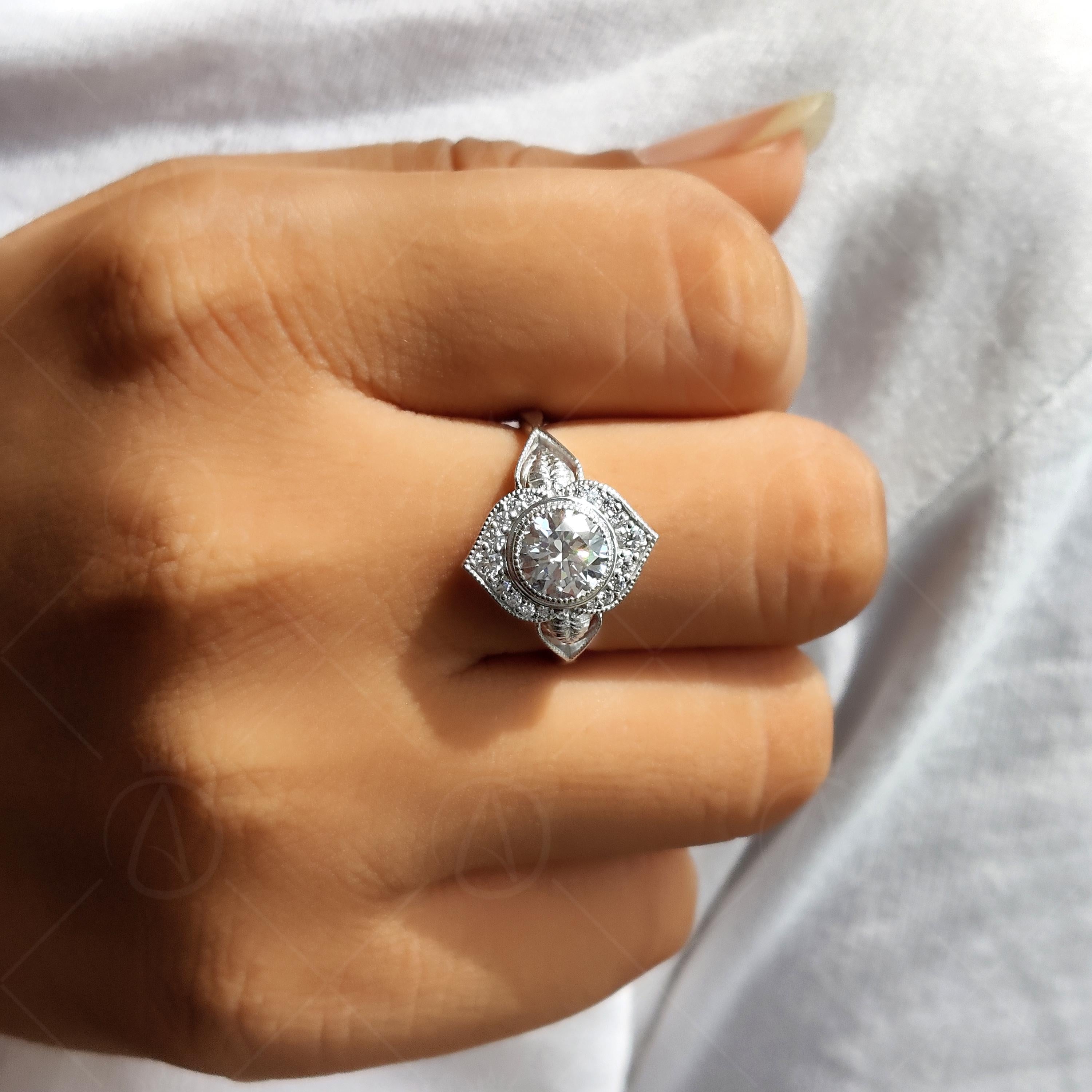 Floral Nature Inspired Round Moissanite Halo Engagement Filigree Ring