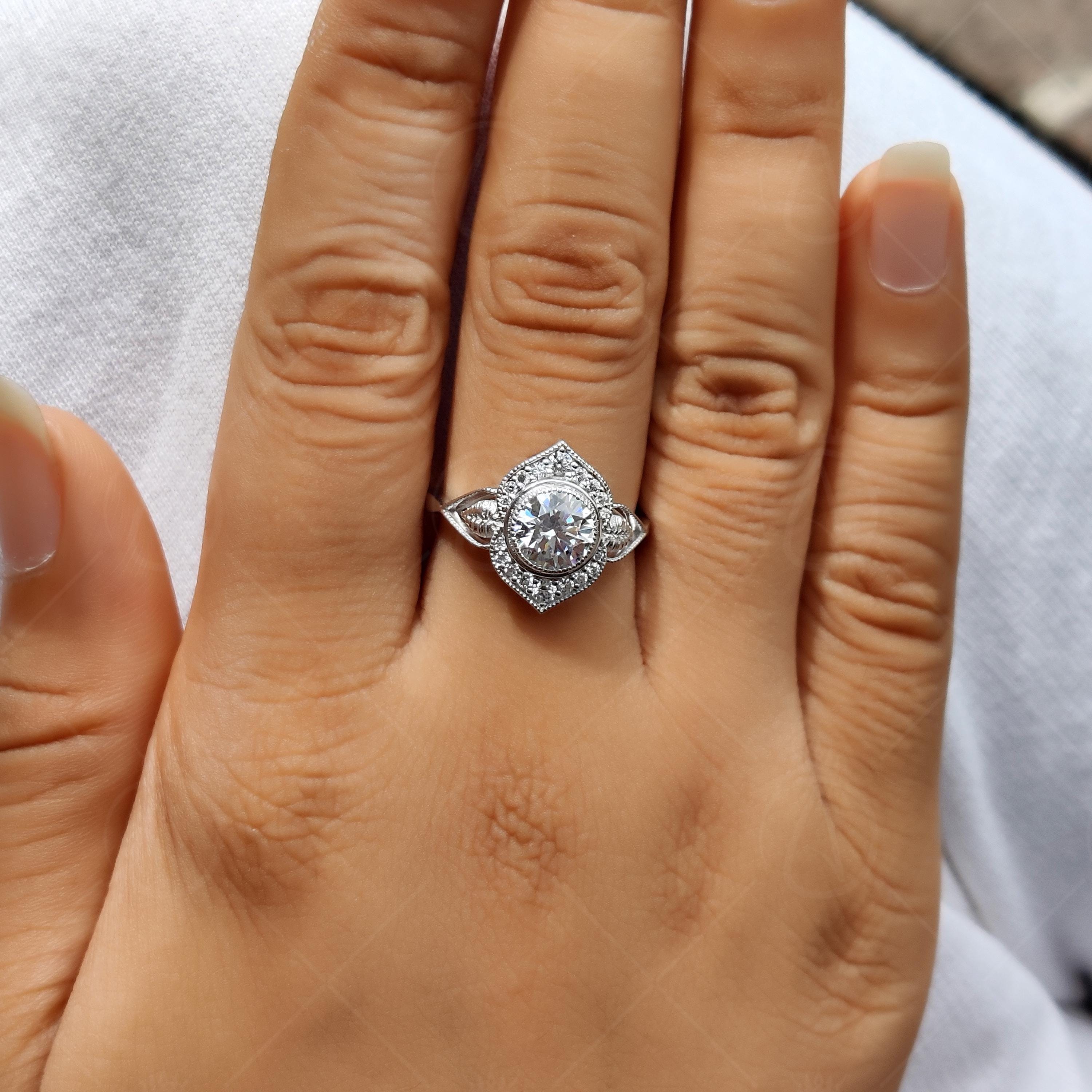 Floral Nature Inspired Round Moissanite Halo Engagement Filigree Ring
