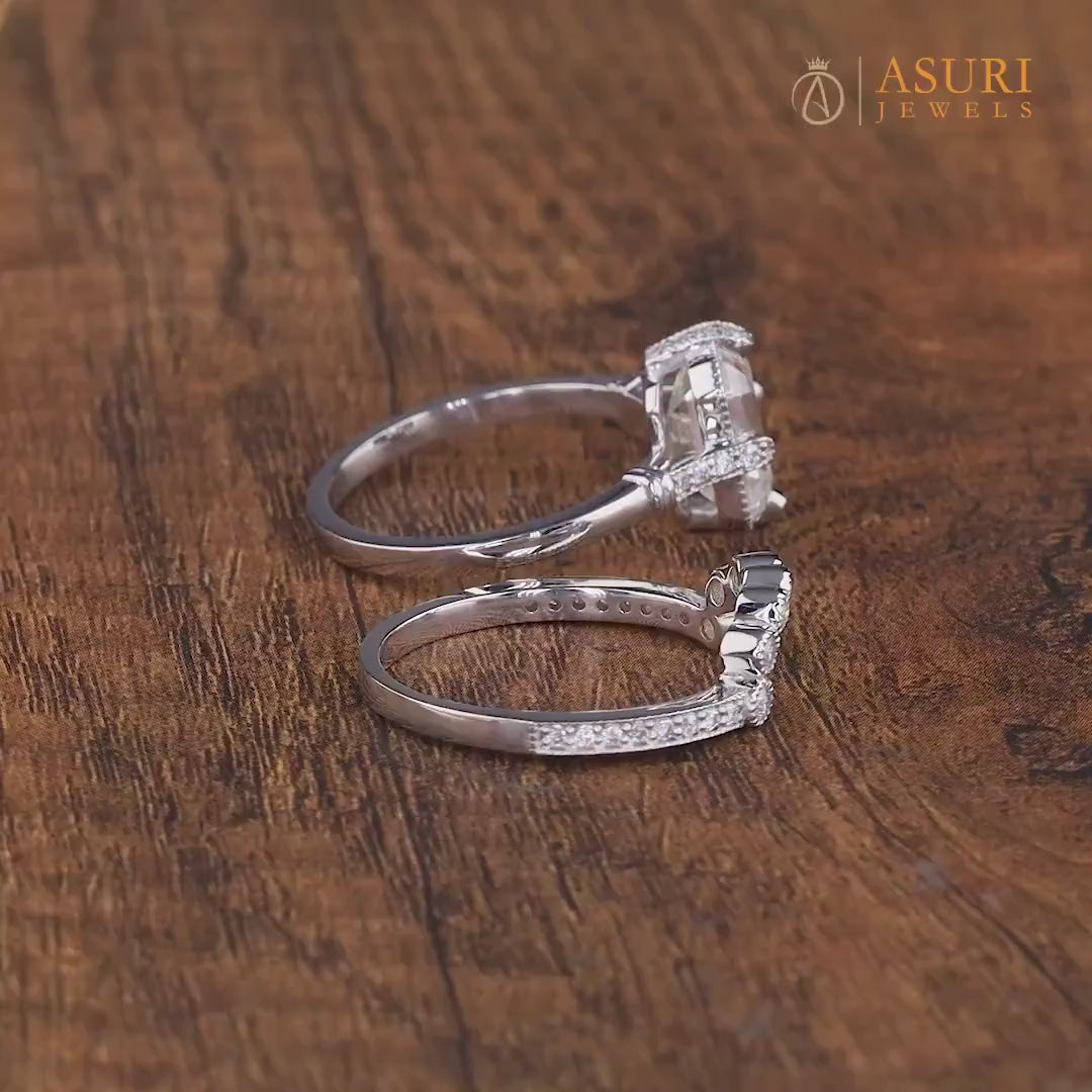 Art Deco Emerald Cut Engagement Ring, Moissanite Vintage Bridal Wedding Ring Set, Unique Vintage Milgrain Rings For Women