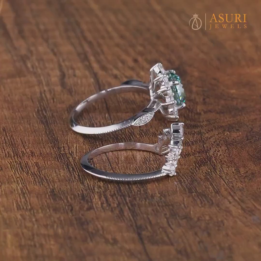 Art Deco Cyan Blue Portuguese Cut Moissanite Wedding Ring Set, Two Piece Bridal Sets For Women, Halo Engagement Ring With Matching Band