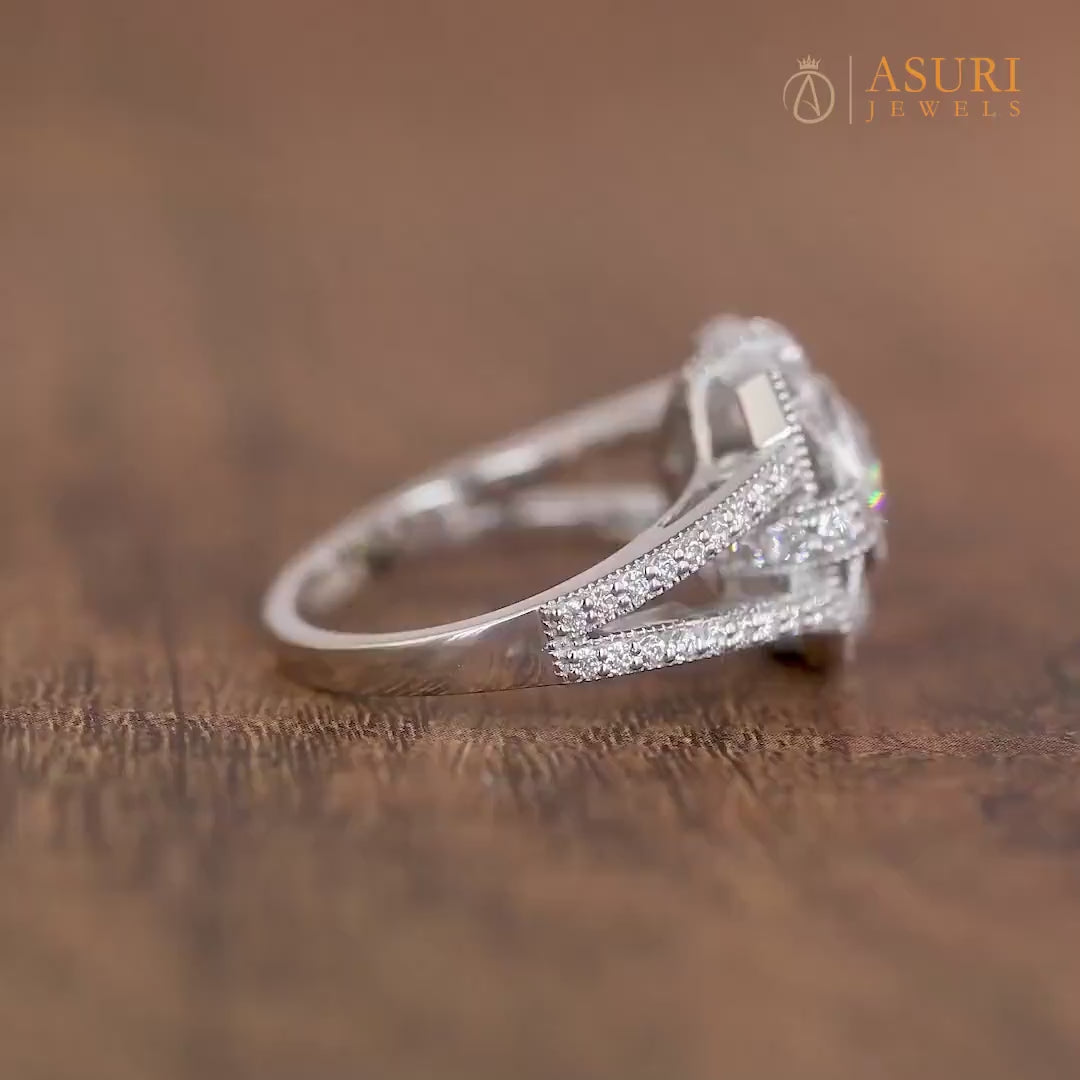 1920s Antique Vintage Inspired Ring, Art Deco Moissanite Ring, Art Deco Milgrain Engagement Ring, Unique Split Shank Ring, Rings For Women