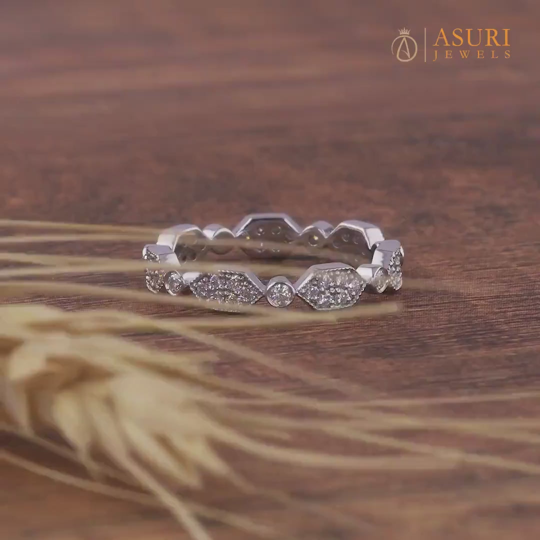 Art Deco Estate Wedding Band For Women Milgrain Vintage Full Eternity Band Alternating Promise Ring For Her