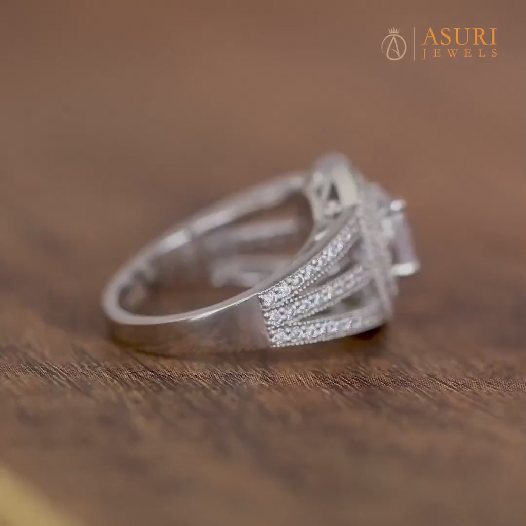 Double Halo Moissanite Ring, Cushion Cut Vintage Engagement Ring, Split Shank Art Deco Ring, Big Cocktail Ring, Promise Ring For Women