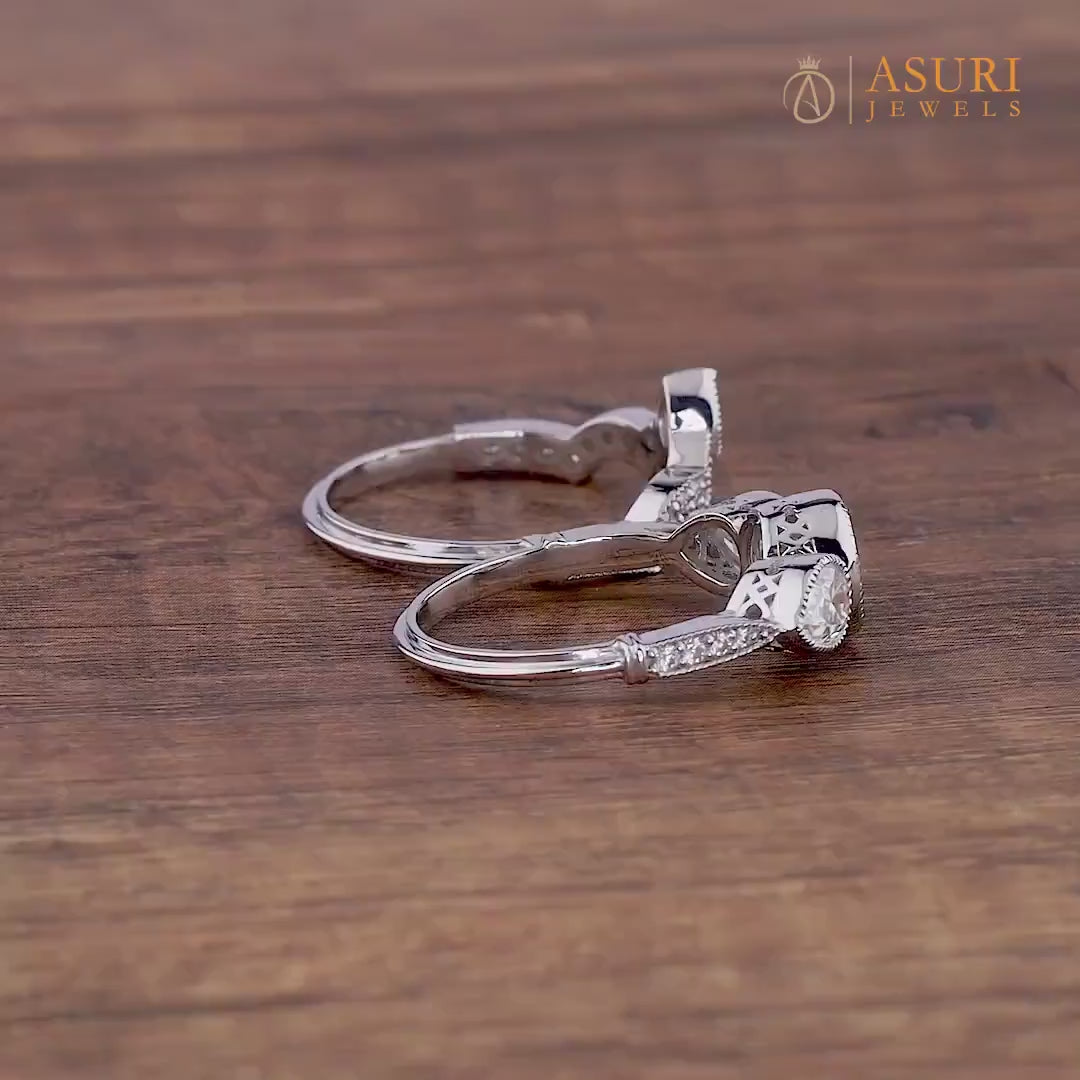 Art Deco Three Stone Engagement Ring With Matching Curved Wedding Band, Milgrain Vintage Bridal Ring Sets For Women, Wedding Rings