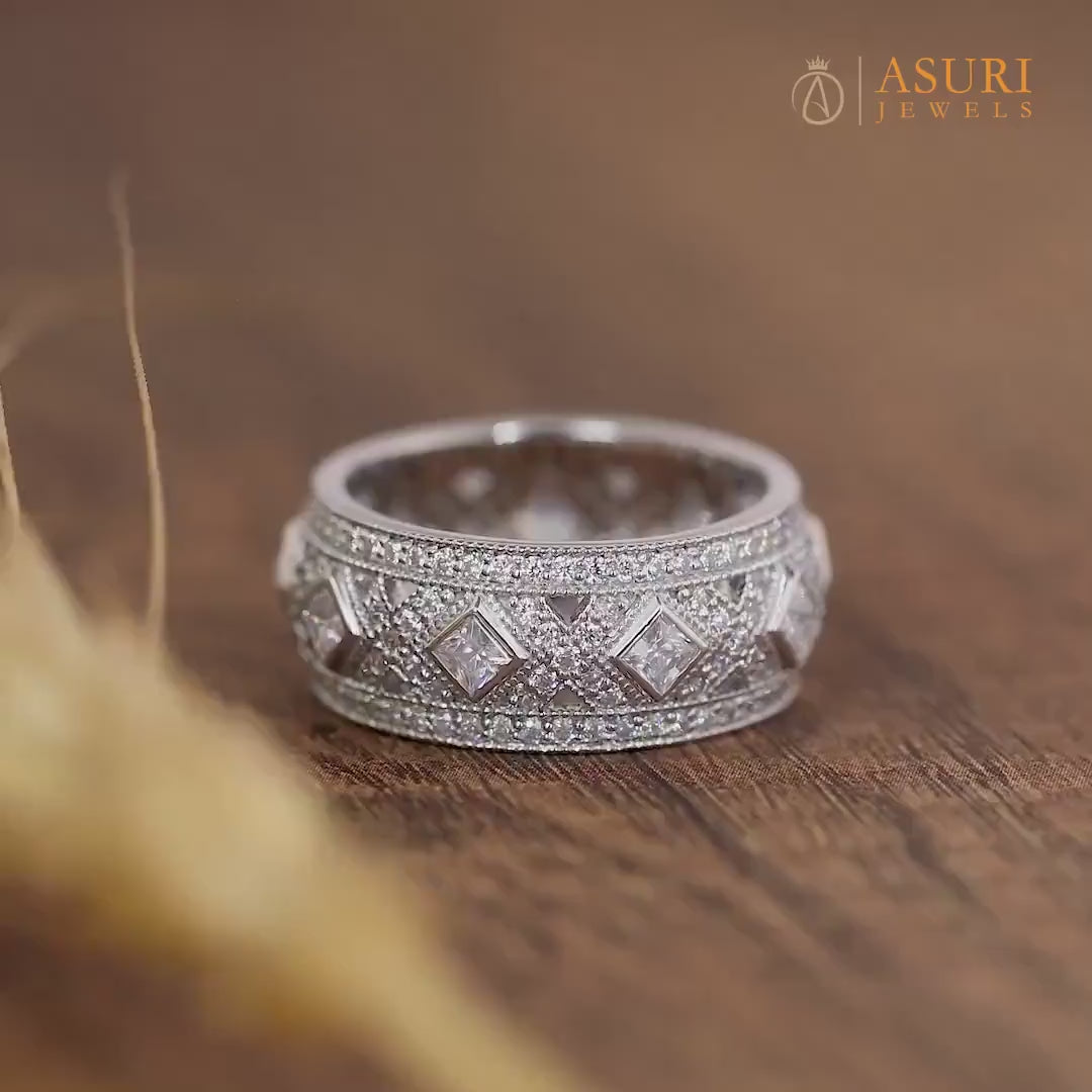 Art Deco Vintage Wedding Band, Moissanite Anniversary Bands For Women, Milgrain Vintage Band, Unique Wide Band Ring, Thick Gold Band