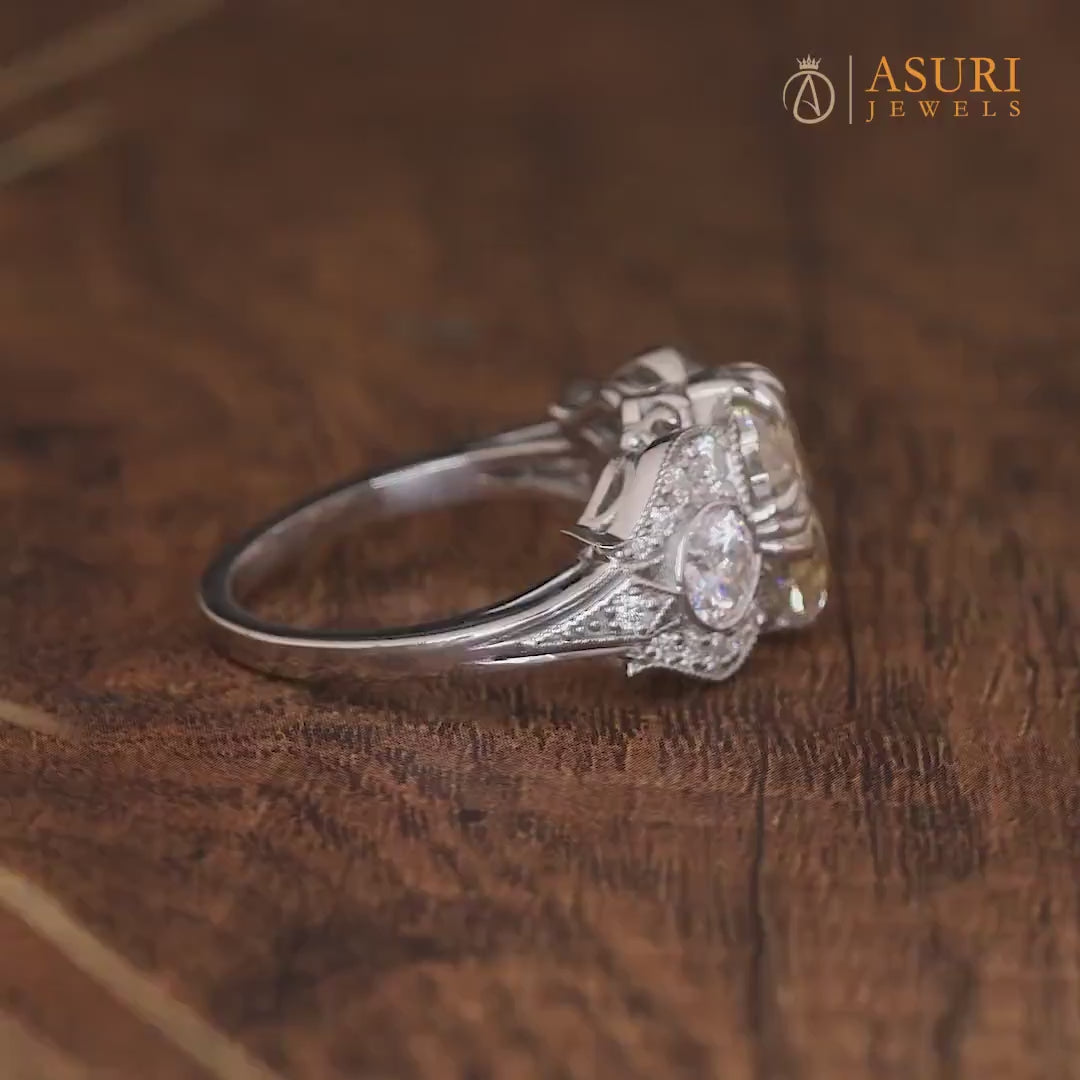 Antique Edwardian Engagement Ring, Yellow Oval Moissanite Vintage Rings For Women, Unique Art Deco Anniversary Rings, Retro Style Ring, Elongated Oval Victorian Style Ring