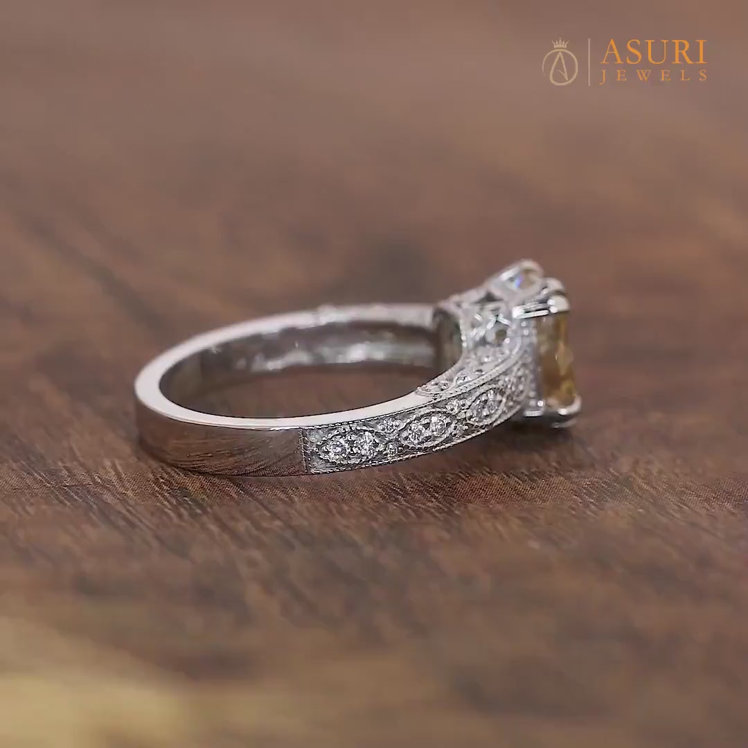Champagne Color Radiant Cut Moissanite Engagement Ring, Brown Color Stone Antique Vintage Ring, Art Deco Carved Rings For Women, Unique Engraved Ring, Fancy Color Diamond Ring, Estate Jewelry Rings, Filigree Ring