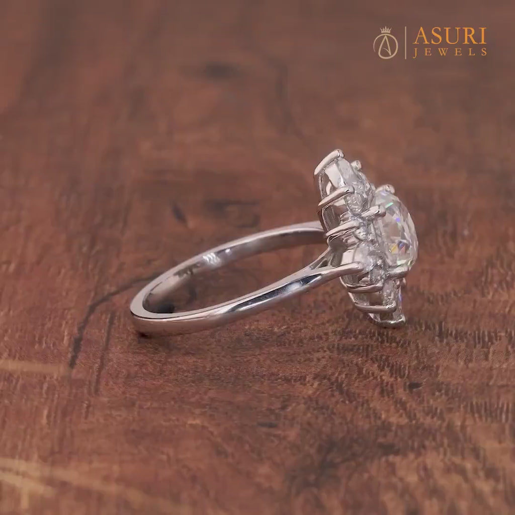 Unique Starburst Engagement Ring, Antique Old European Cut Moissanite Halo Ring, Nature Inspired Flower Ring, Gatsby Wedding Ring For Women