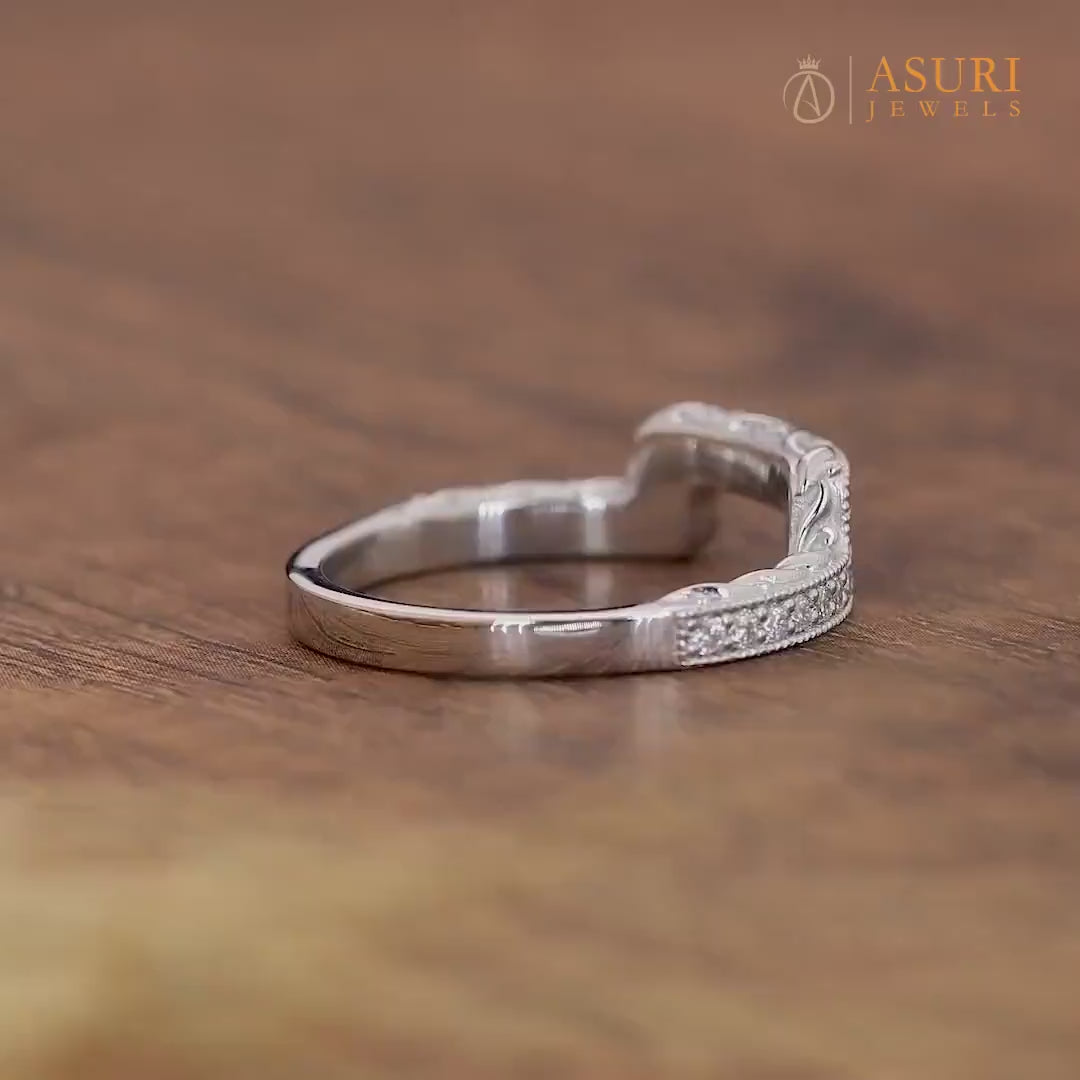 Antique Filigree Band, Curved Wedding Bands Women, Moissanite Curve Stacking Ring, Engraved Enhancer Ring, Carved Contour Stackable Rings