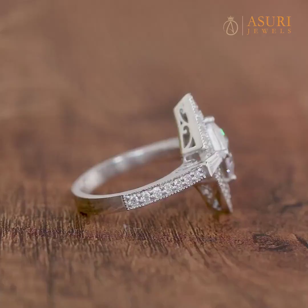 Moissanite Triangle Art Deco Engagement Ring, Unique Hexagon Shape Geometric Ring, Milgrain Ring For Women, Two Triangle Halo Ring