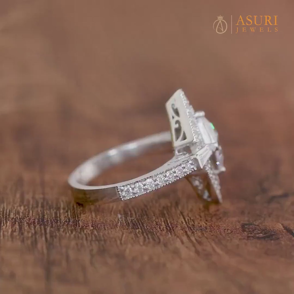 Moissanite Triangle Art Deco Engagement Ring, Unique Hexagon Shape Geometric Ring, Milgrain Ring For Women, Two Triangle Halo Ring
