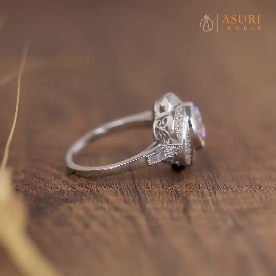 Flower Moissanite Engagement Ring, Floral Nature Inspired Ring, Art Deco Milgrain Ring, Bezel Set Round Ring, Antique Wedding Ring