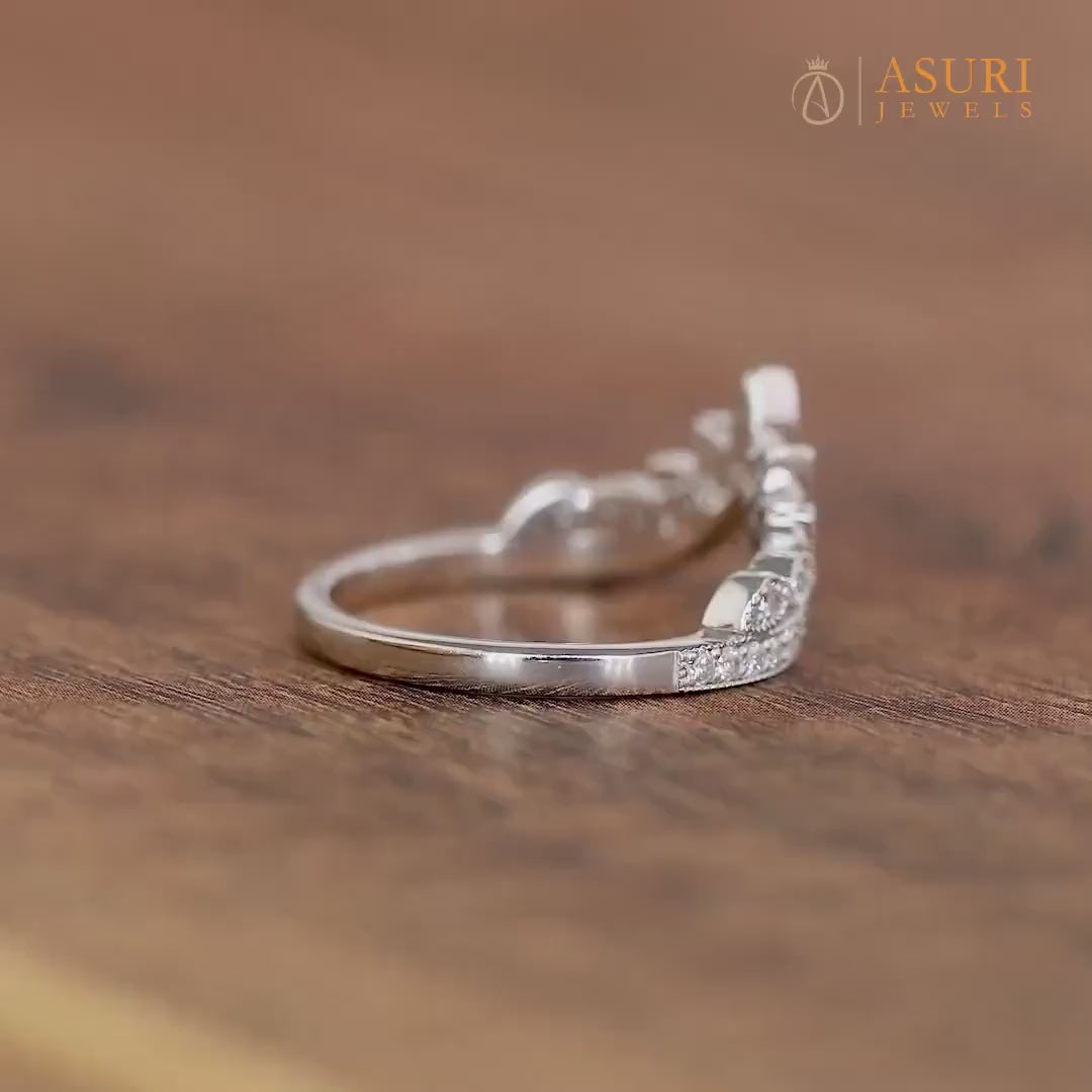 Moissanite Vintage Milgrain Band, V Shaped Wedding Band Women, Curved leaf Style Nature Inspired Band, Solid Gold Chevron Matching Band