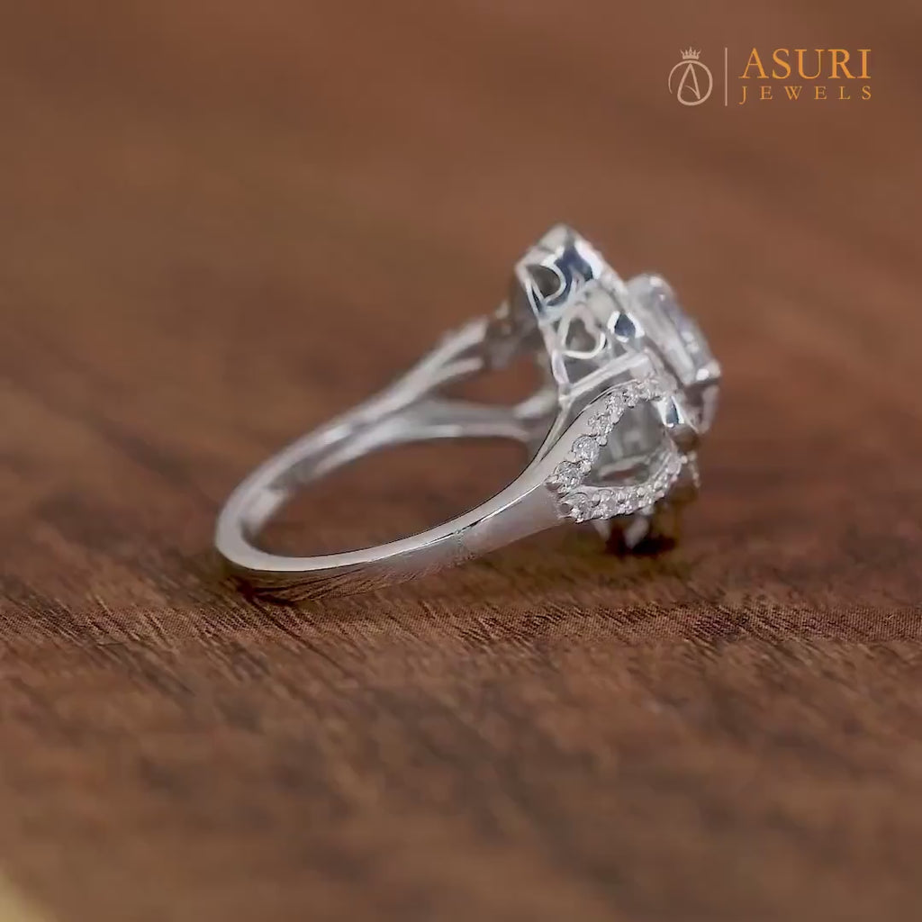 Flower Nature Inspired Ring For Women, 14K Gold Art Deco Floral Ring, Unique Cushion Cut Moissanite Engagement Ring, Promise Ring For Her
