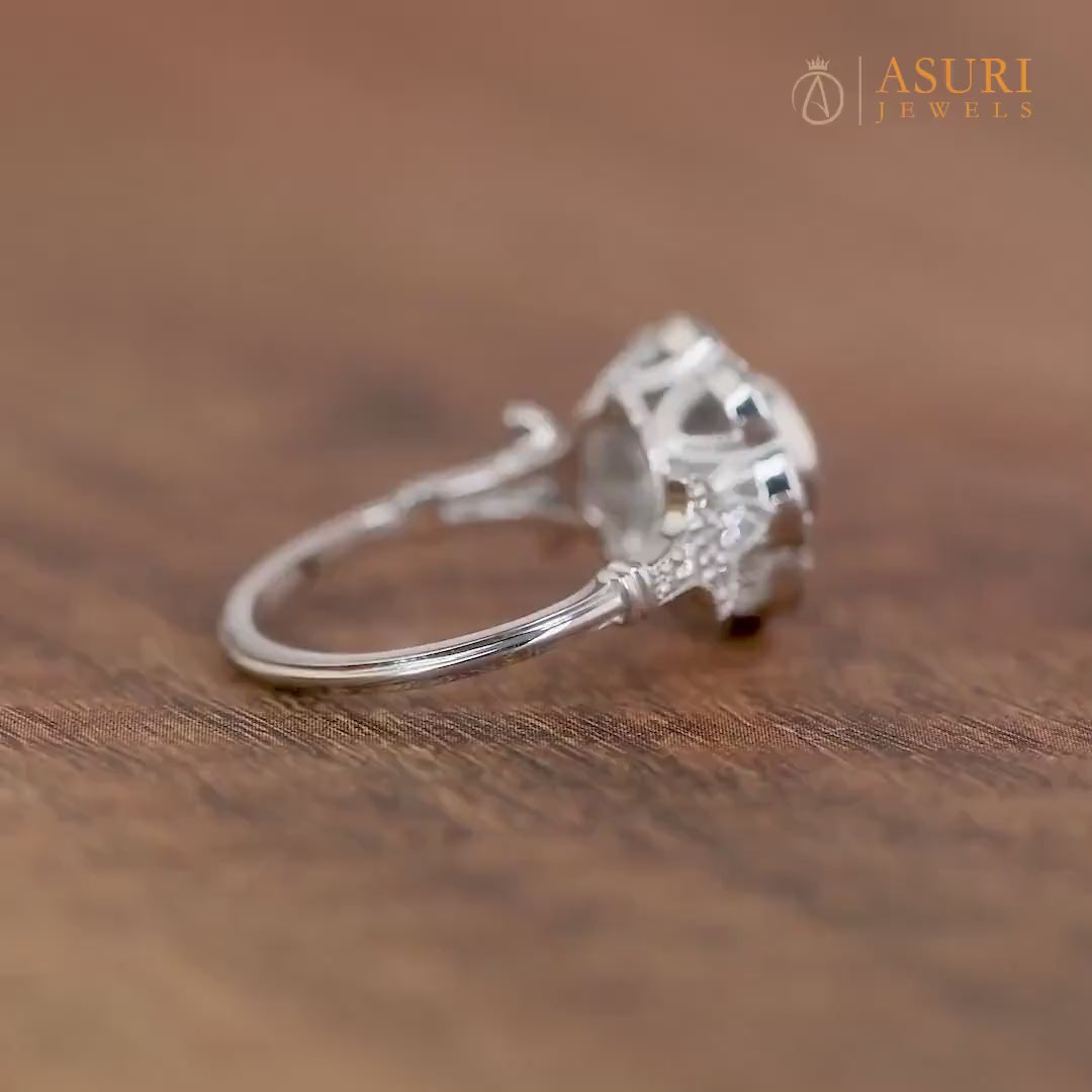 Floral Nature Inspired Ring, Vintage Art Deco Style Ring, Milgrain Ring, Antique Moissanite Halo Engagement Ring, Promise Rings For Women