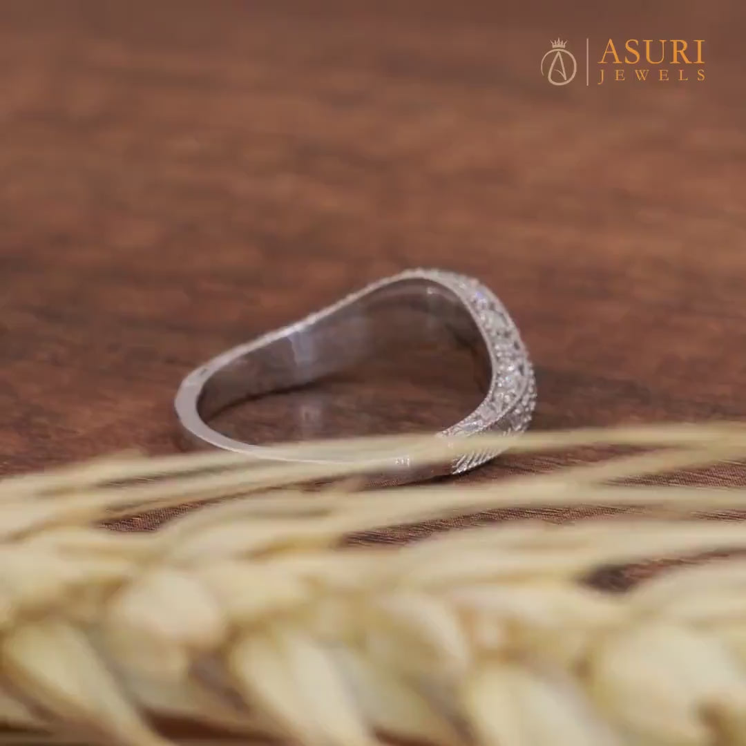 3 Sided Pave Contour Wedding Bands Women, Antique Vintage Curved Stacking Ring, Art Deco Moissanite Matching Band, Bridal Engraved Ring