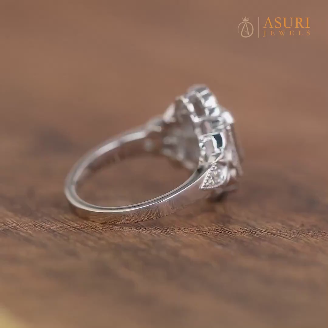 Flower Style Moissanite Ring, Nature Inspired Engagement Ring, Emerald Cut Art Deco Ring, Vintage Milgrain Ring, Floral Bezel Set Ring Women