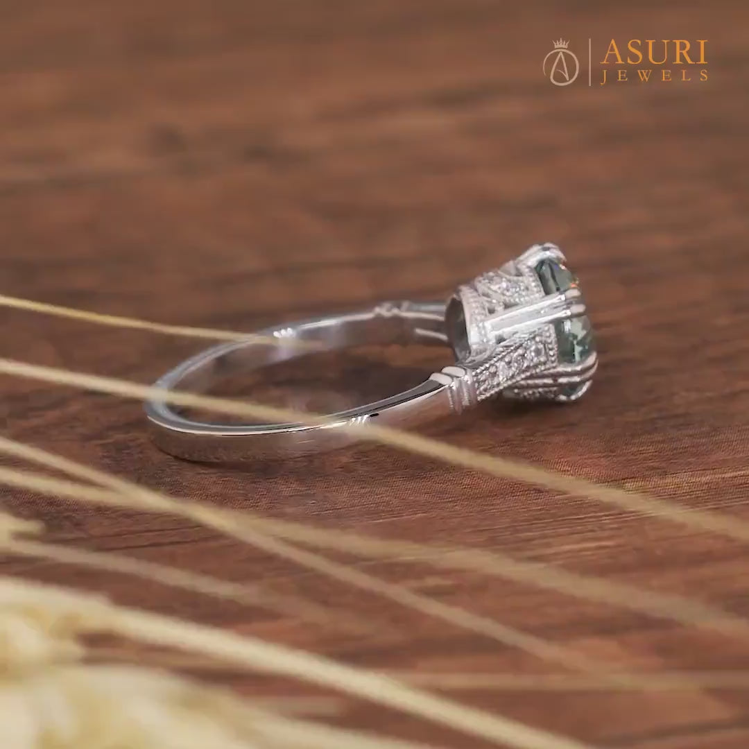 Cyan Blue Portuguese Cut Moissanite Ring, Art Deco Unique Engagement Ring, Round Portuguese Cut Vintage Ring, Promise Rings For Women