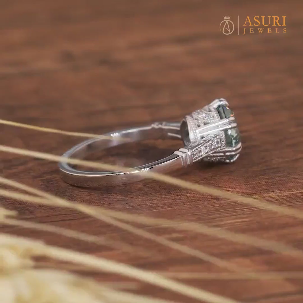 Cyan Blue Portuguese Cut Moissanite Ring, Art Deco Unique Engagement Ring, Round Portuguese Cut Vintage Ring, Promise Rings For Women