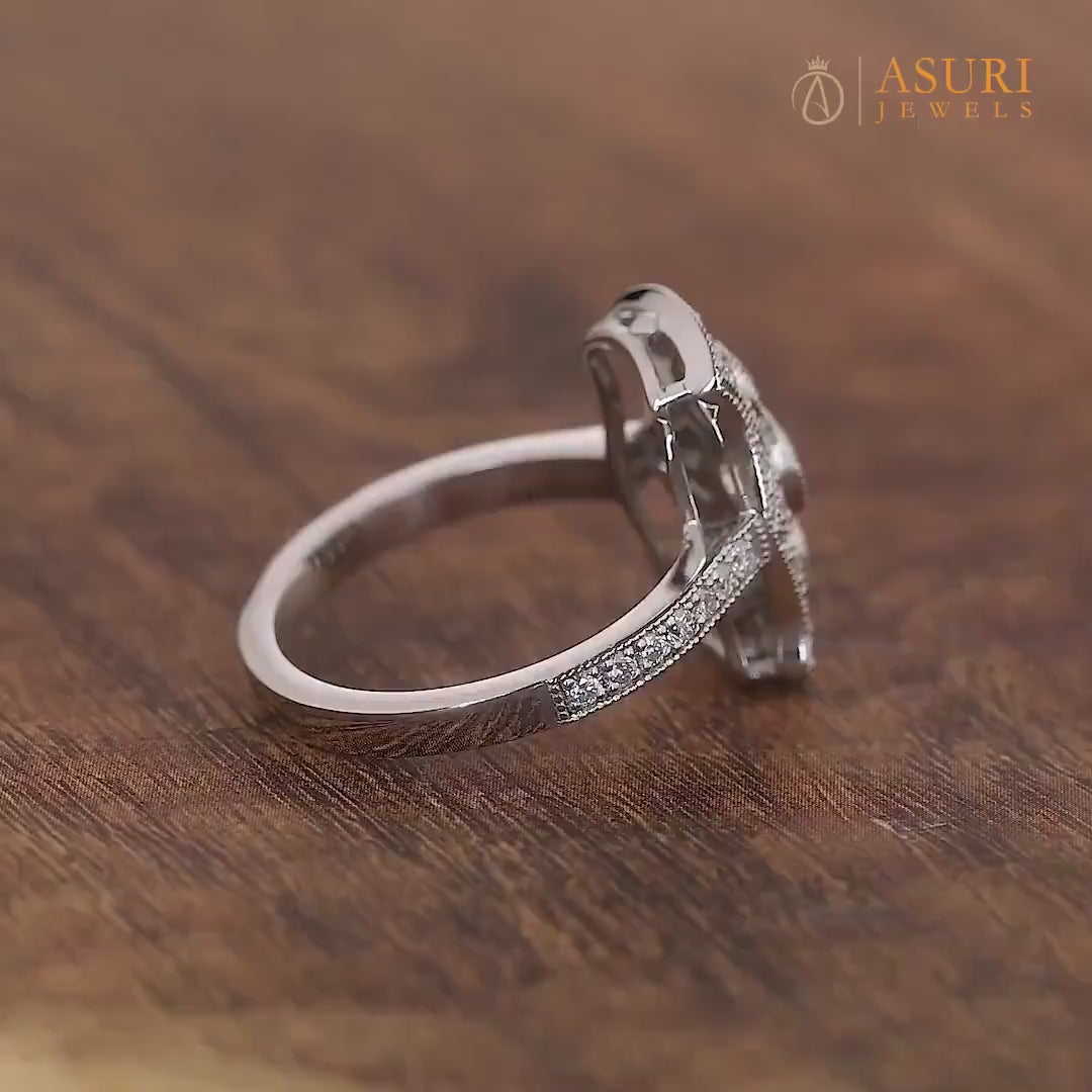 Antique Edwardian Engagement Ring For Women, Filigree Victorian Style Ring, Moissanite Art Deco Milgrain Ring, Unique Cocktail Ring, Elongated Statement Ring, Retro Ring