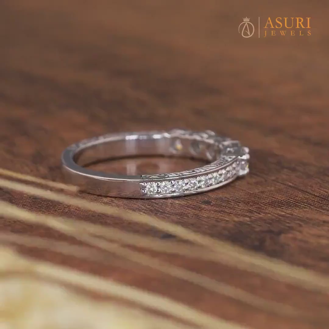 Antique Carved Vintage Wedding Bands Women, Engraved 5 Stone Stackable Anniversary Rings, Unique Vintage Bridal Band Ring, Matching Band