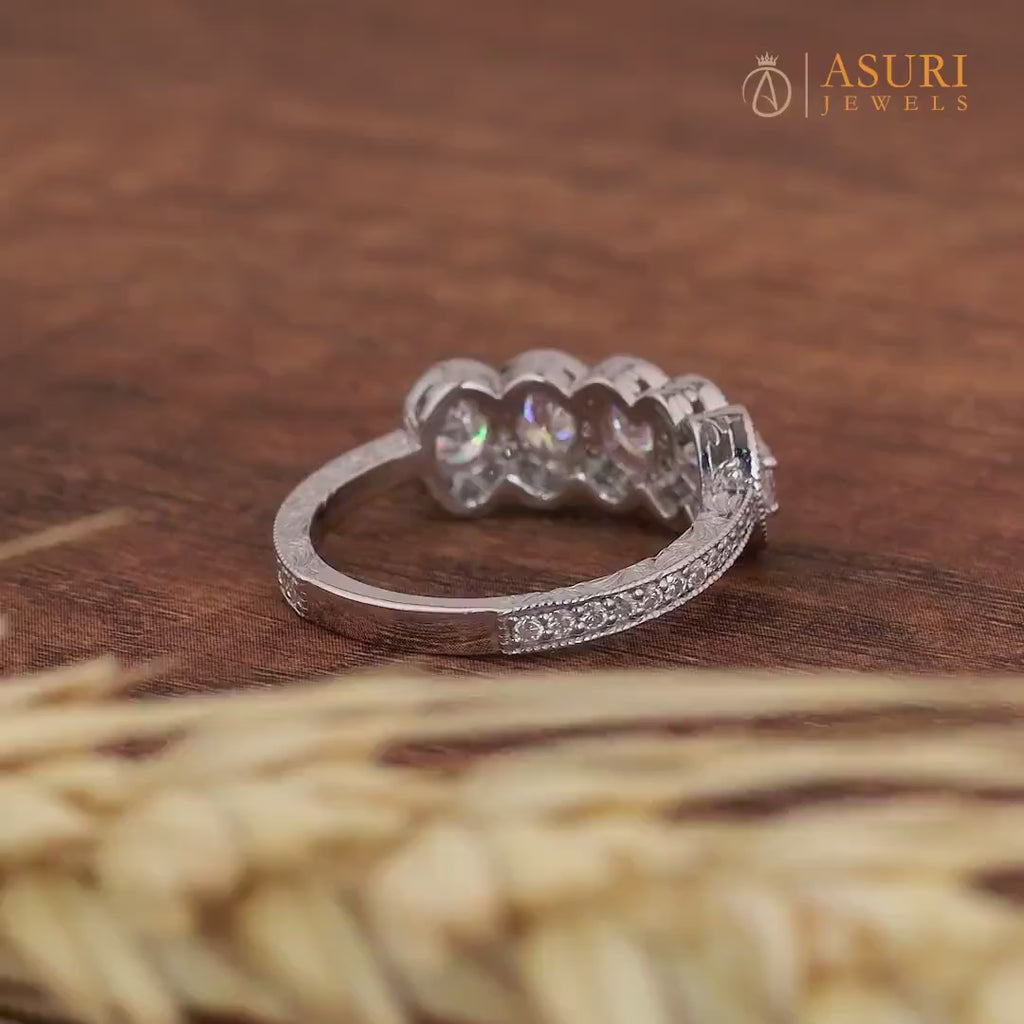 Antique Filigree Oval Anniversary Band Carved Moissanite Oval Halo Wedding Band Five Stone Moissanite Band Unique Promise Rings For Women