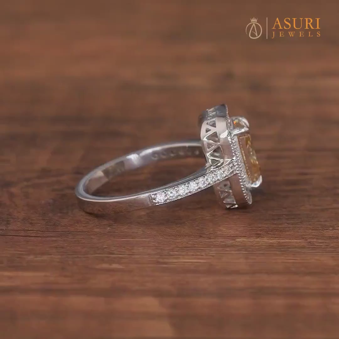 Champagne Color Radiant Cut Halo Engagement Ring, Art Deco Milgrain Moissanite Rings For Women, Unique Estate Jewelry Rings, Vintage Halo Ring, Brown Color Stone Ring