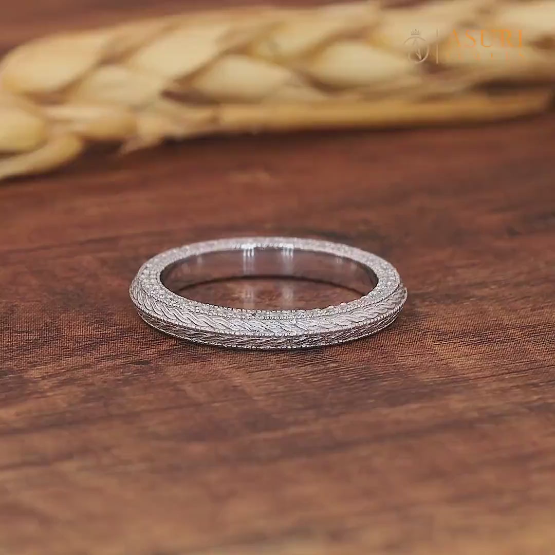 Knife Edge Filigree Womens Wedding Band Antique Vintage Carved Stackable Ring Milgrain Engraved Band Two Sided Pave Moissanite Band