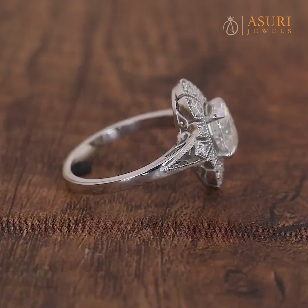 Edwardian Filigree Oval Engagement Ring, Art Deco Vintage Milgrain Ring, Oval Moissanite Rings For Women, Elongated Anniversary Ring