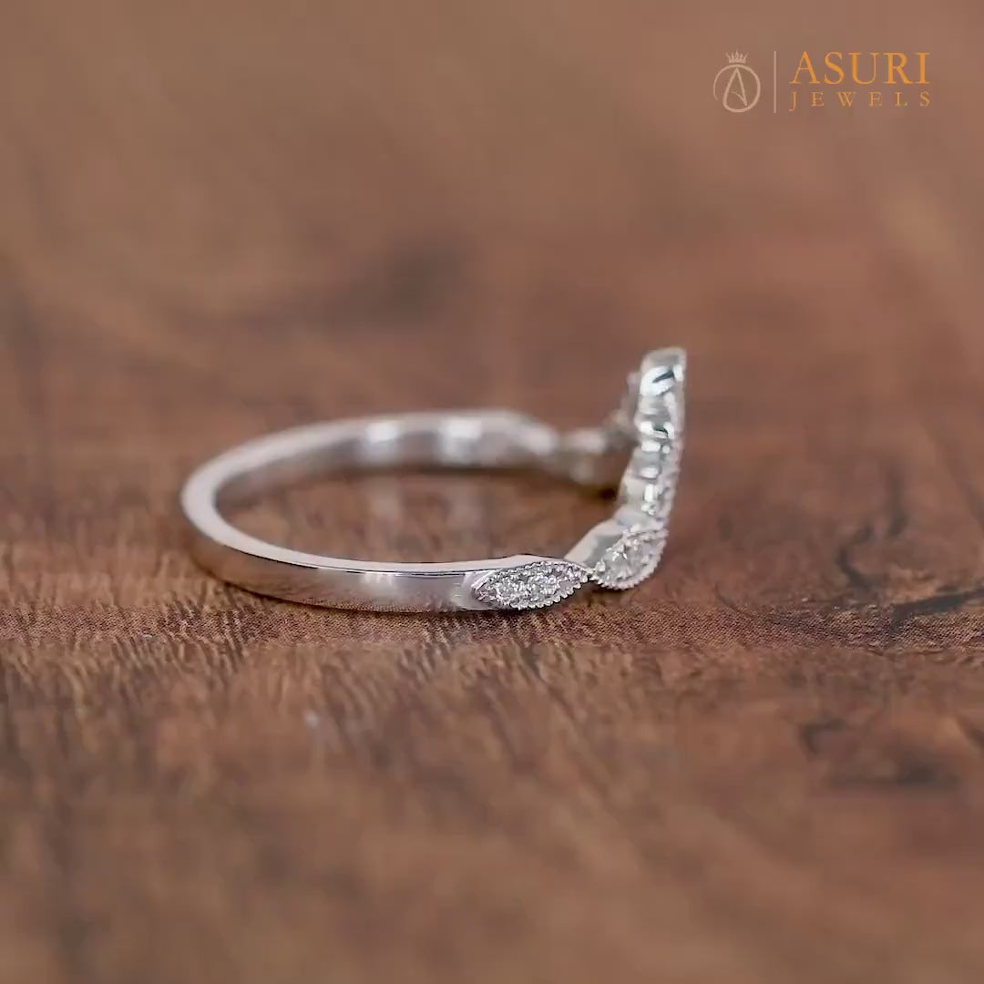 Moissanite Wishbone Wedding Bands Women, Unique Curved Stackable Ring, Art Deco Chevron Anniversary Band, Vintage Style Milgrain Band