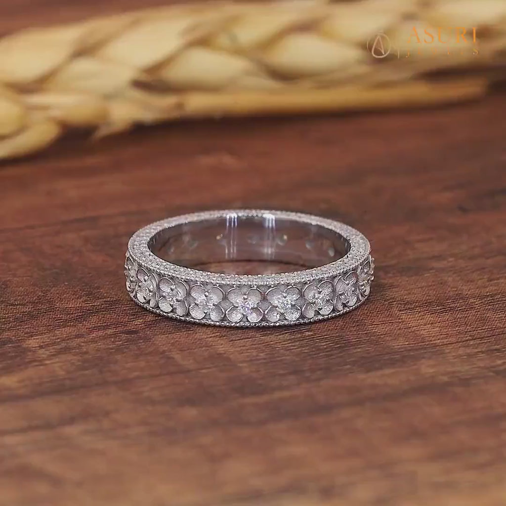 Carved Flower Antique Wedding Band Double Sided Pave Moissanite Band Unique Filigree Flower Eternity Band Vintage Milgrain Band For Women Floral Anniversary Band Unique Promise Ring For Her Wide Stackable Ring Moissanite Statement Ring