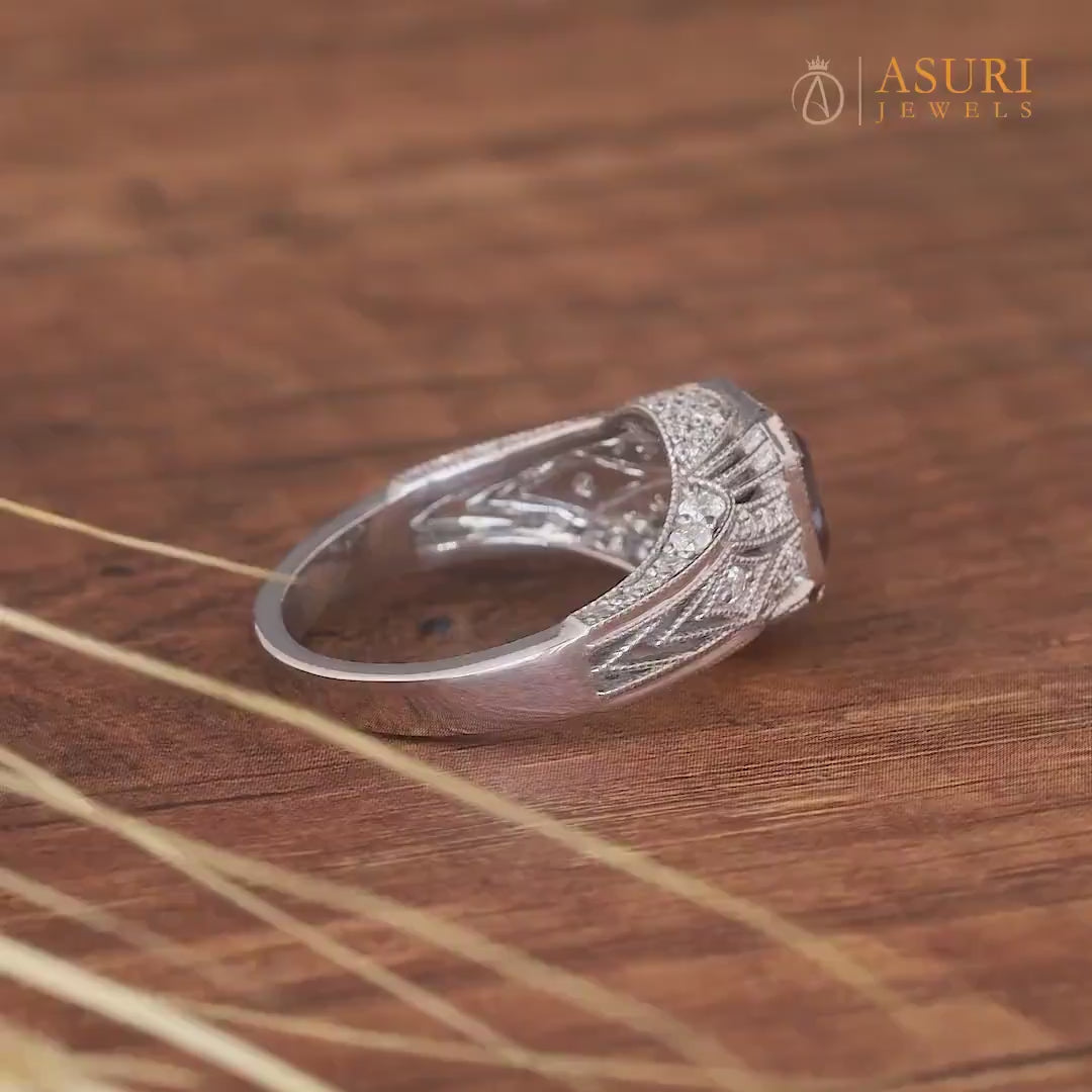 Electric Blue Asscher Cut Moissanite Art Deco Ring, Vintage Filigree Engagement Ring, September Birthstone Ring, Estate Milgrain Ring, Edwardian Inspired Victorian Ring, Estate Jewelry For Women