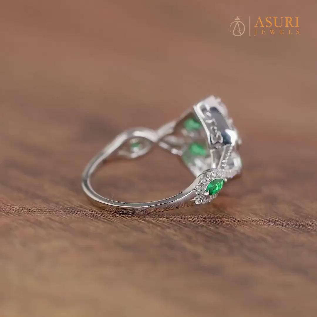 Green Emerald And Moissanite Art Deco Ring, Unique Vintage Ring, Cluster Engagement Ring For Women, Estate Jewelry Ring, Gold Nature Leaf Ring