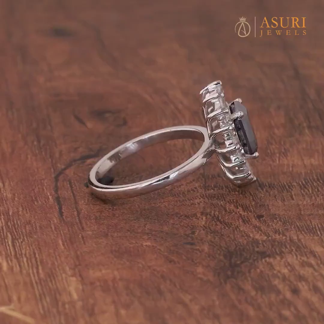Blue Emerald Cut Moissanite Halo Engagement Ring, Art Deco Starburst Ring For Women, Unique Gatsby Inspired Ring, Promise Ring For Her