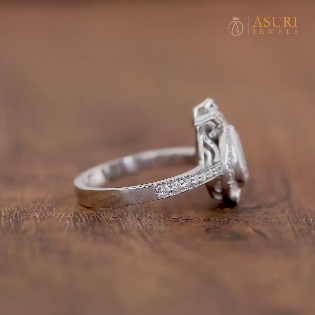 Moissanite Pear Shaped Halo Engagement Ring, Vintage Teardrop Ring, Unique Art Deco Rings For Women, Silver &amp; Gold Antique Milgrain Ring