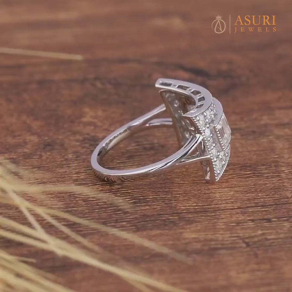 5 Stone Emerald Moissanite Cut Edwardian Engagement Ring Estate Milgrain Vintage Style Ring For Women