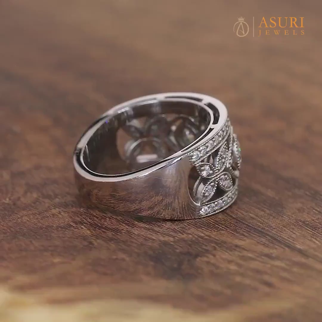 Vintage Filigree Wedding Bands Women, Antique Art Deco Wide Anniversary Ring, Edwardian Style Milgrain Band, Estate Jewelry Rings