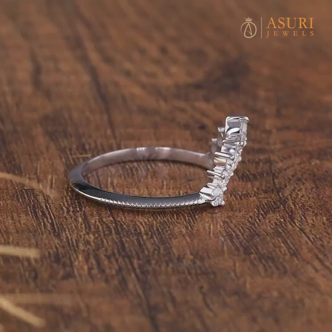 Matching Curved Stacker Wedding Band, Deep Curve Moissanite Stacking Ring, Bridal Wedding Anniversary Band, Art Deco Vintage Band