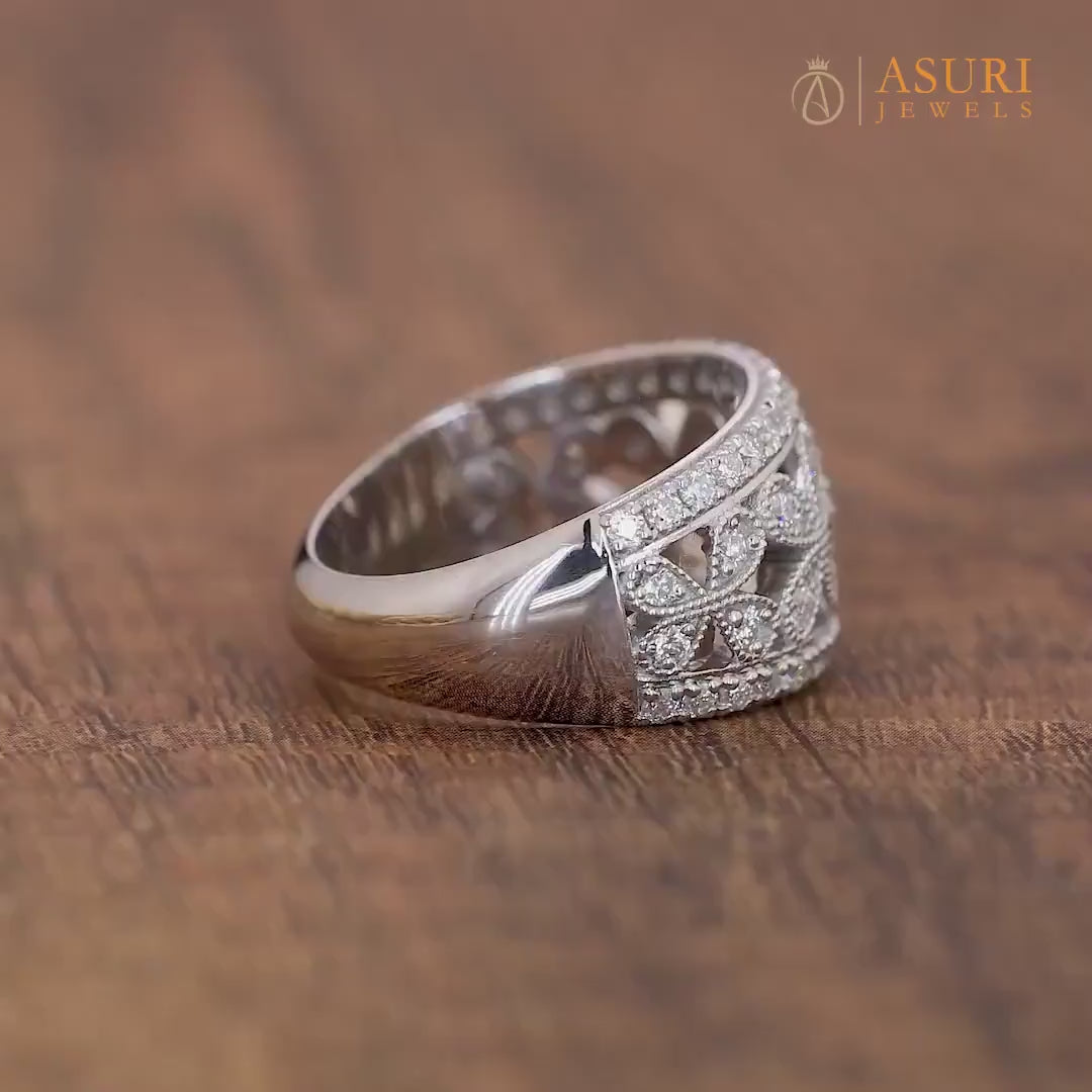 Art Deco Milgrain Wedding Band, Moissanite Wide Anniversary Rings For Women, Flower Style Filigree Band, Thick Nature Inspired Band Ring
